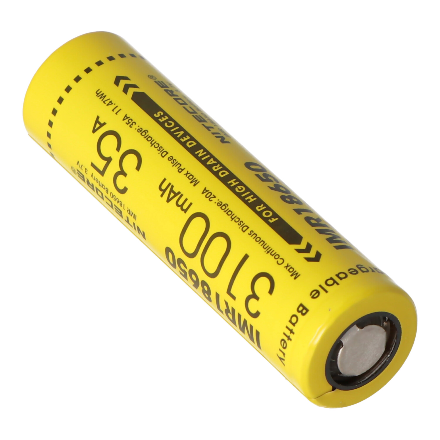 Metin ve işaretler içeren sarı pil. Yüksek akım çeken cihazlar için. 3100 mAh.