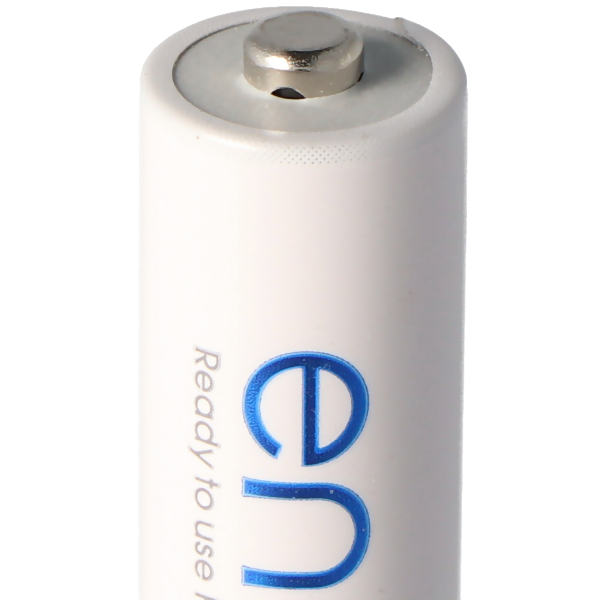 Weiße Batterie mit blauem Text. Die Batterie ist mit 'Ready to use' beschriftet.