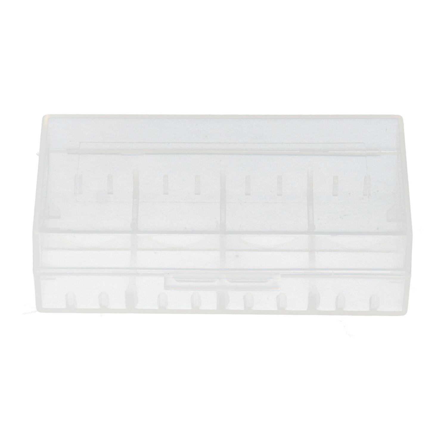 Transparente Plastikbox zur Aufbewahrung von Gegenständen. Rechteckige Form. Weißer Hintergrund.