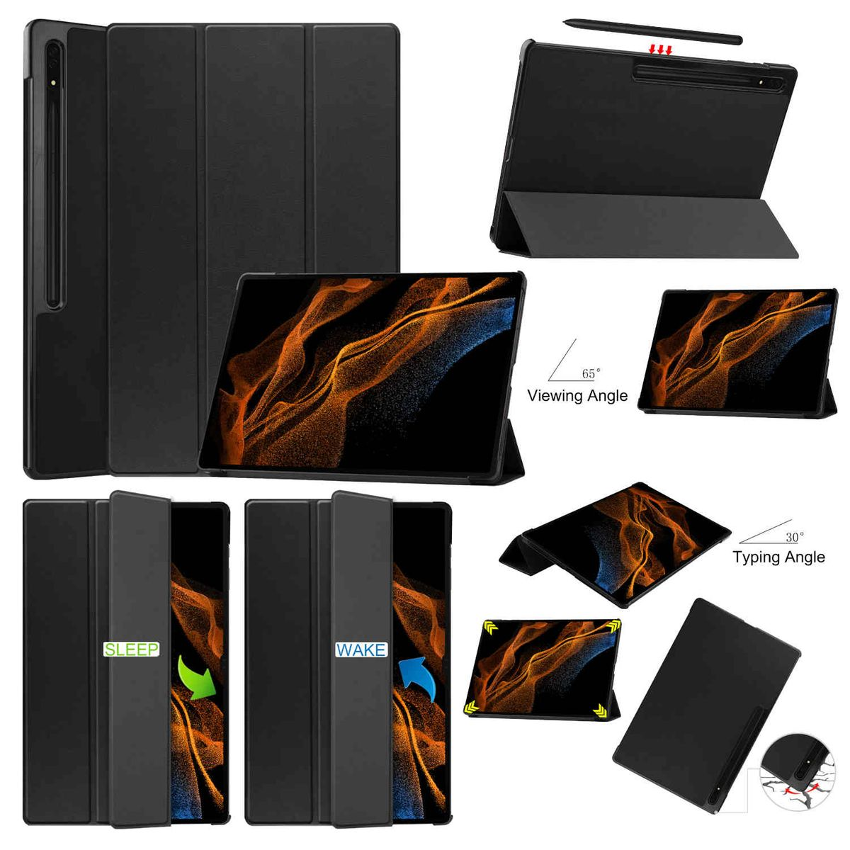 Eine Tablet-Hülle in Schwarz, die verschiedene Winkel und Funktionen zeigt, einschließlich Schlaf-/Weckfunktionen.