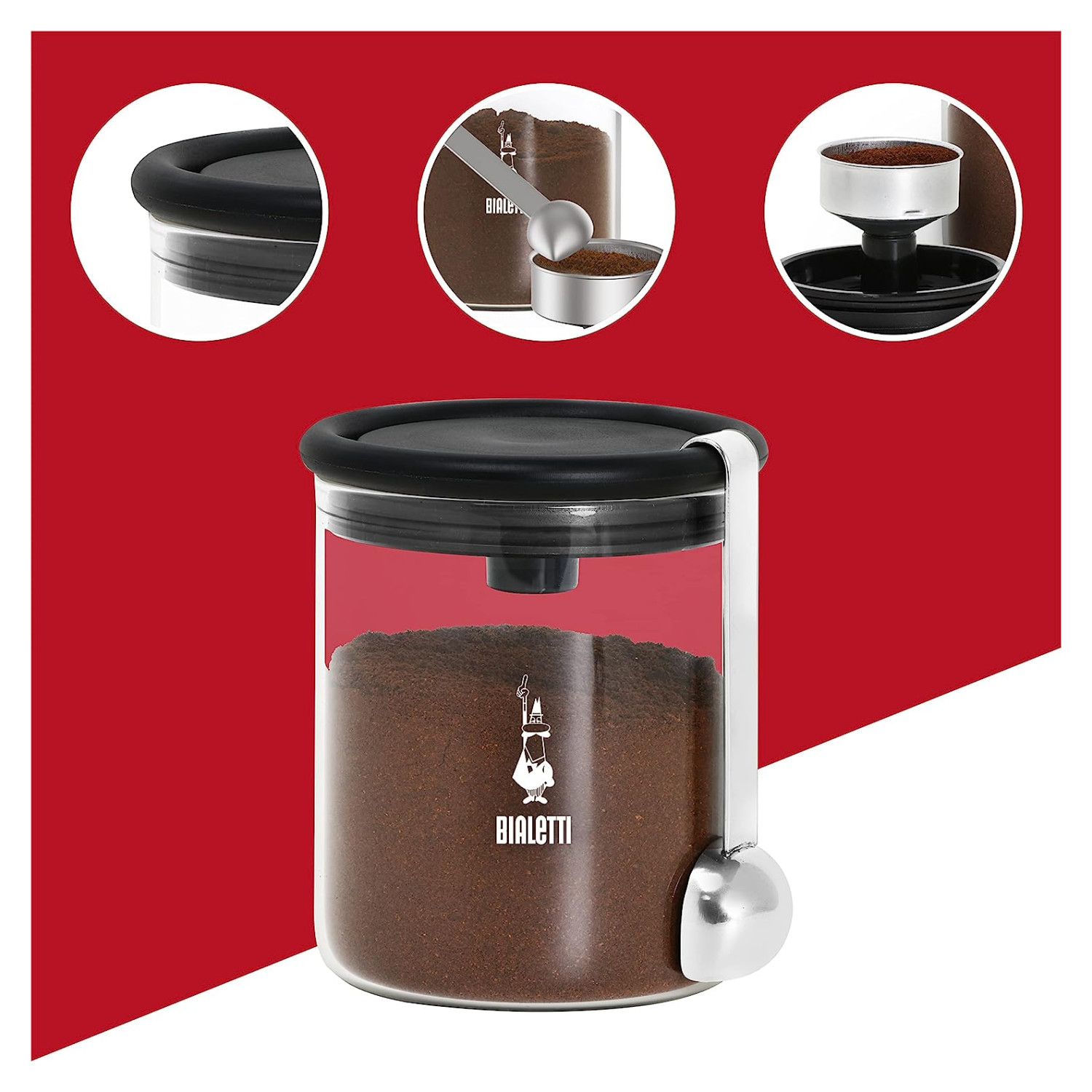 Barattolo di vetro con caffè macinato e cucchiaio, con primi piani del coperchio e dell'imbuto.
