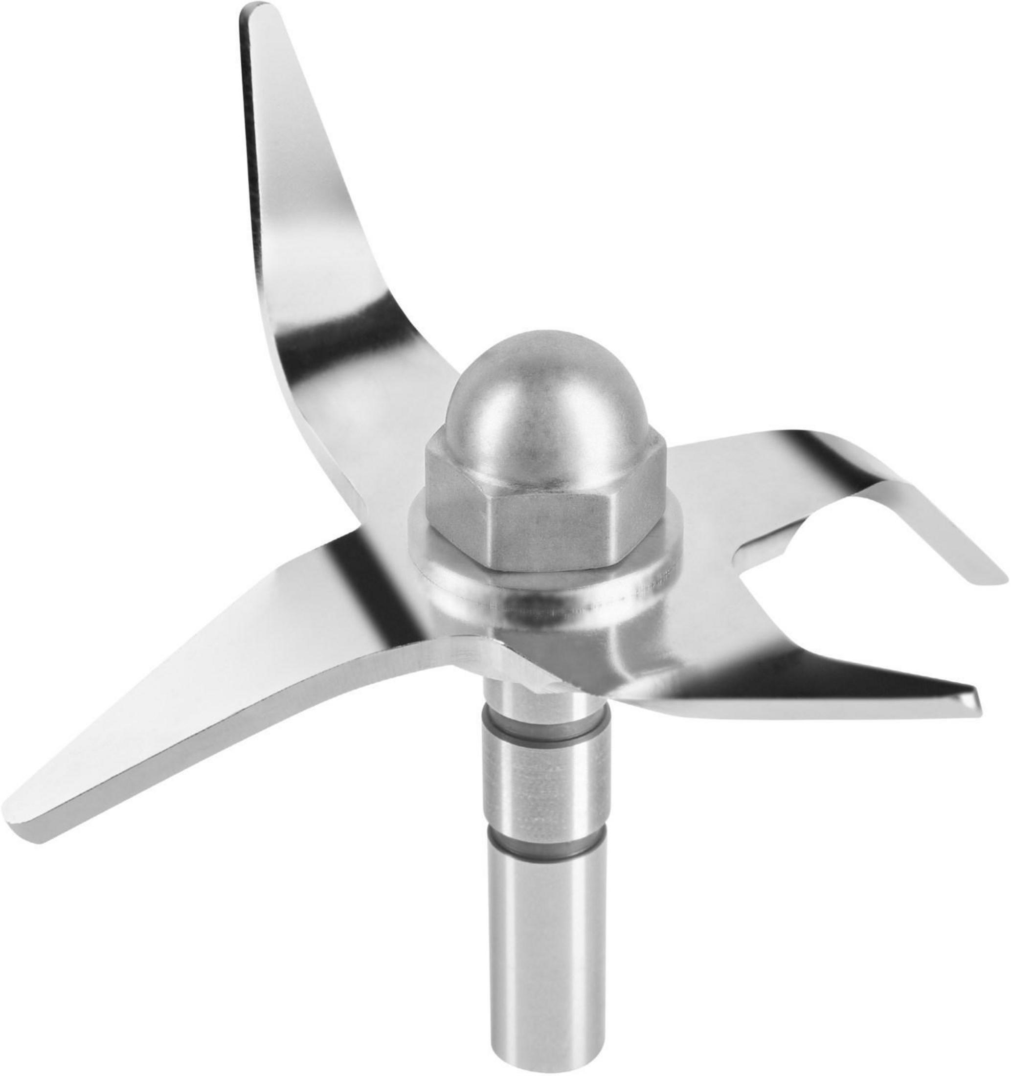 Close-up of a blender blade. It has four blades, a nut, and a shaft.