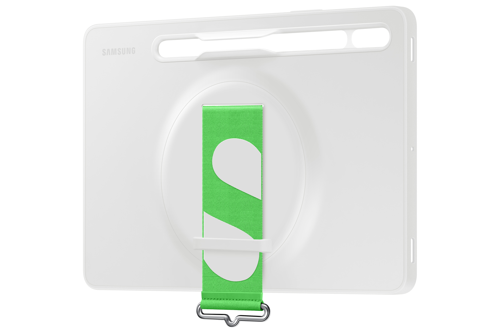 Funda blanca para tableta con una correa verde y blanca. Logotipo de Samsung visible.