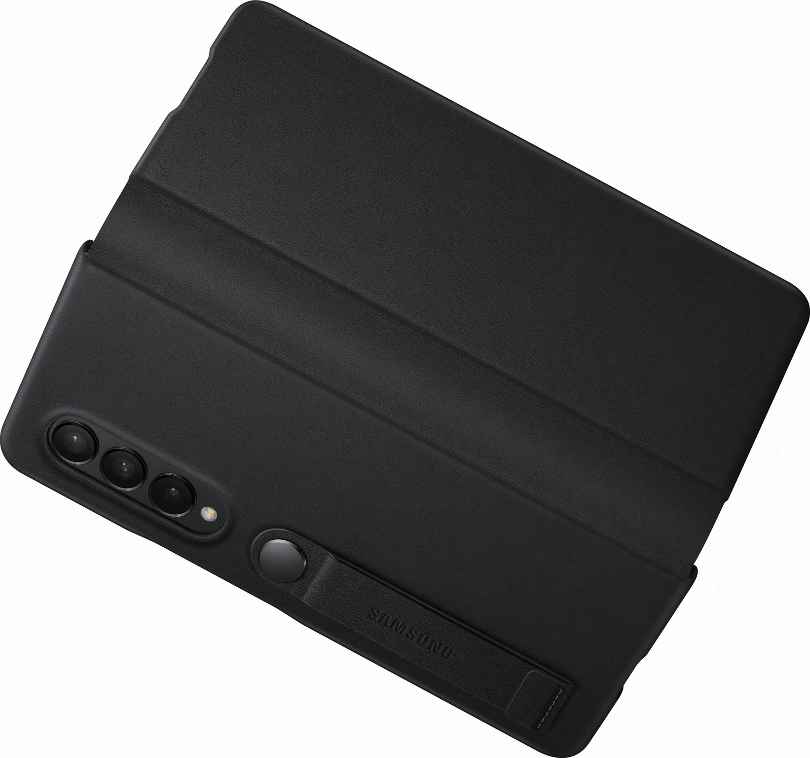 Funda de teléfono negra con logo Samsung y presilla para bolígrafo, con recorte para cámara.