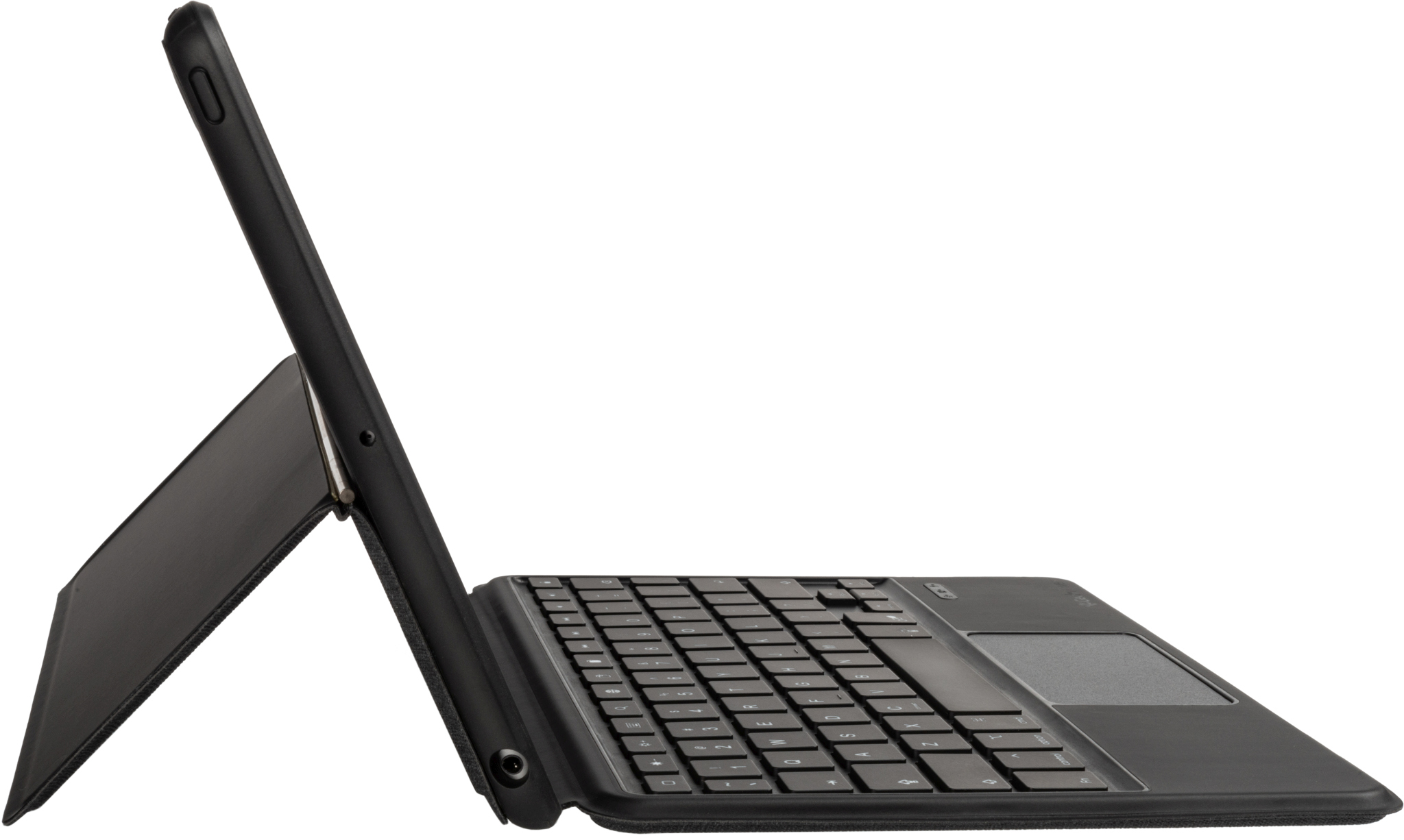 Schwarze Tablet-Tastatur mit Ständer. Tastatur mit Tasten und Touchpad sichtbar.