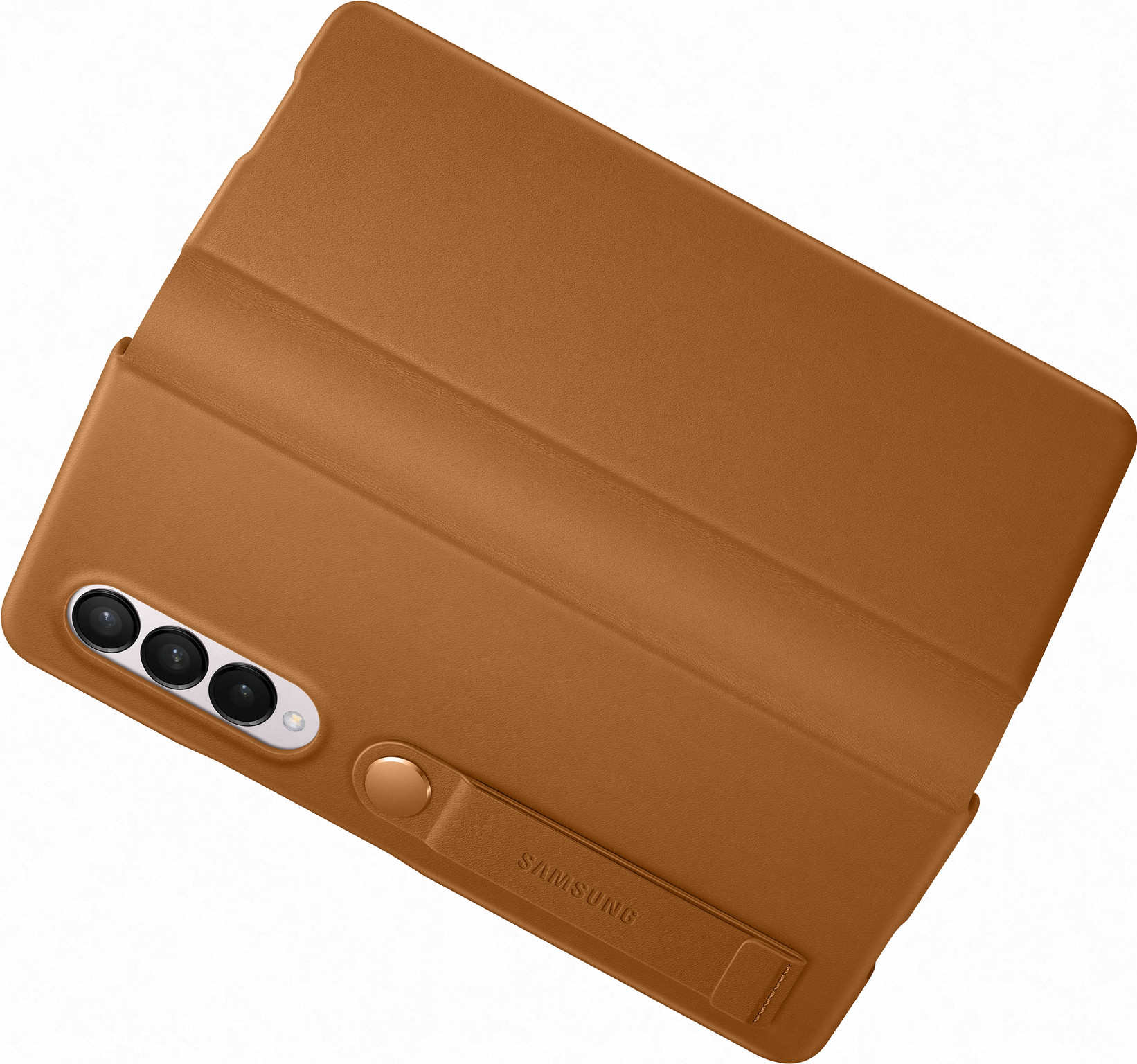Braune Leder-Handyhülle mit Handschlaufe und Samsung-Logo. Faltbares Design.
