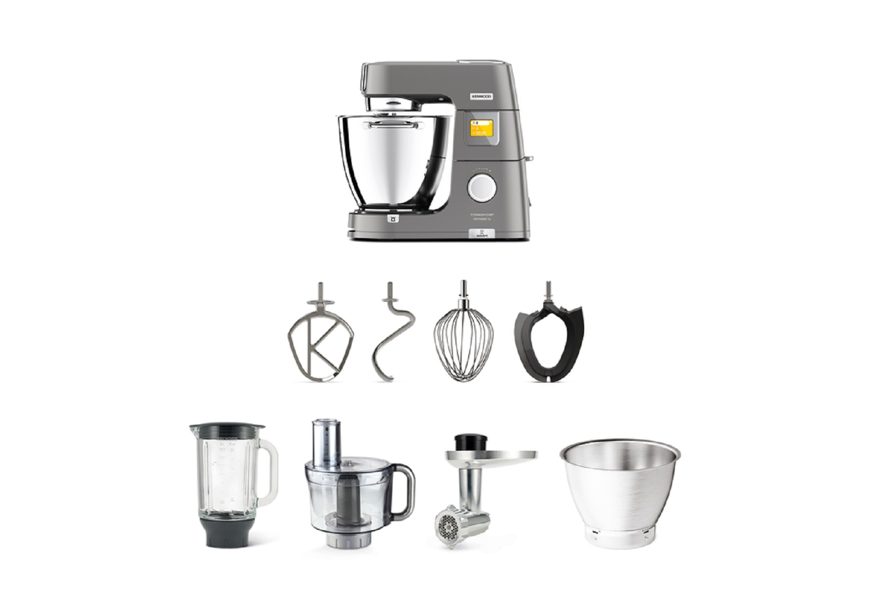 Ein grauer Kenwood-Küchenmixer mit Zubehör. Verschiedene Aufsätze sind davor.