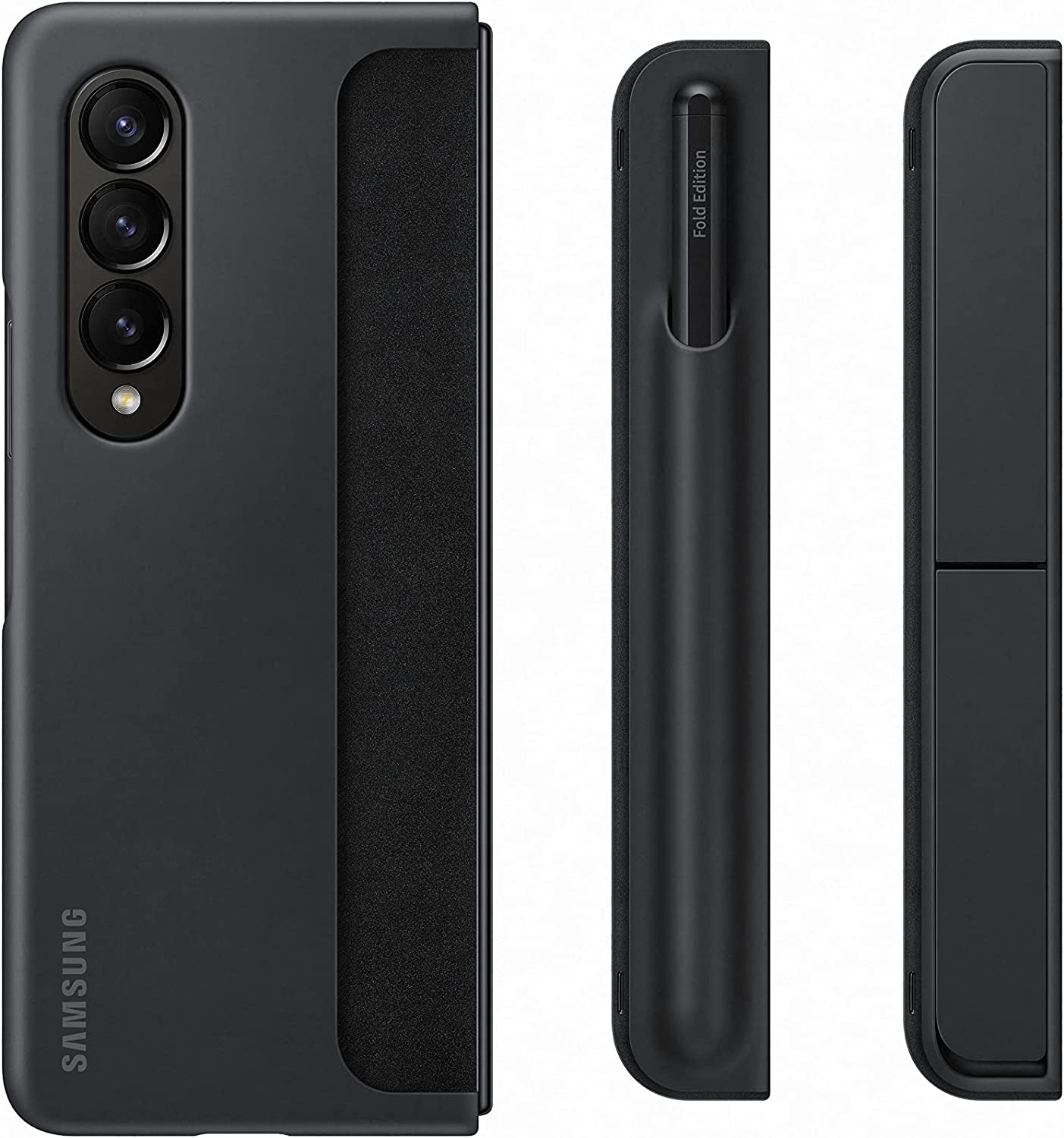 Funda negra para teléfono y un lápiz óptico negro. La funda es plegable con una sección lisa y texturizada.