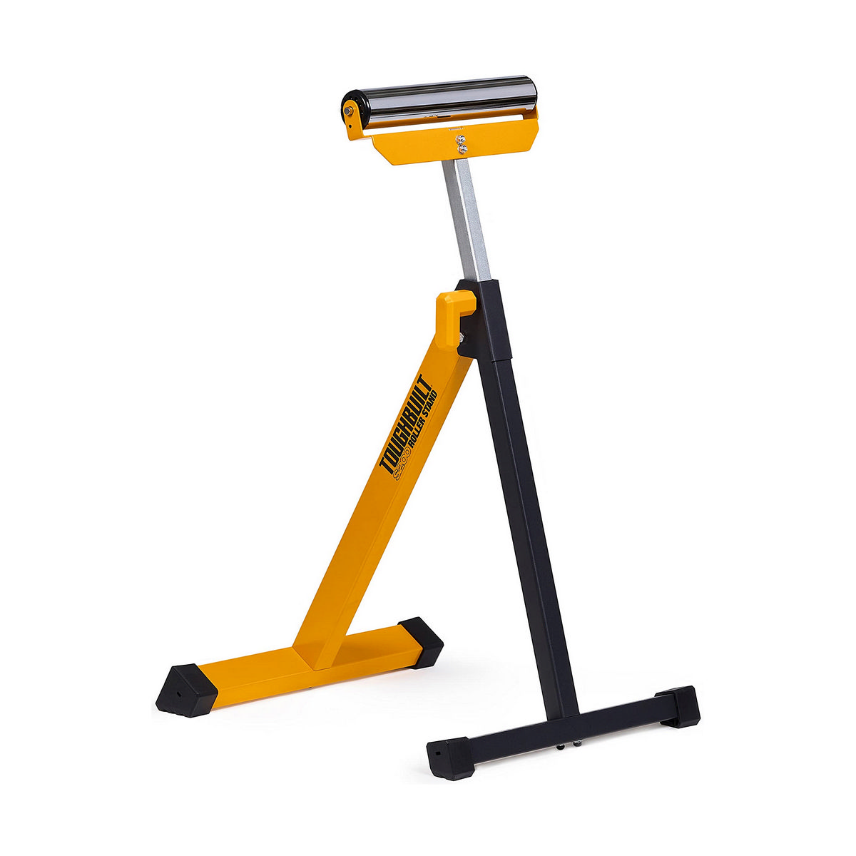 Soporte de rodillo de metal amarillo y negro, con una base en forma de T y un rodillo en la parte superior.