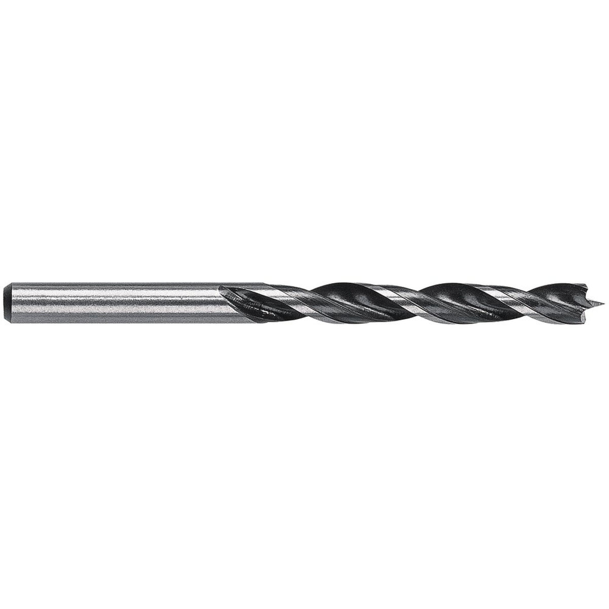 Una broca con vástago plateado y extremo de perforación con diseño espiral.