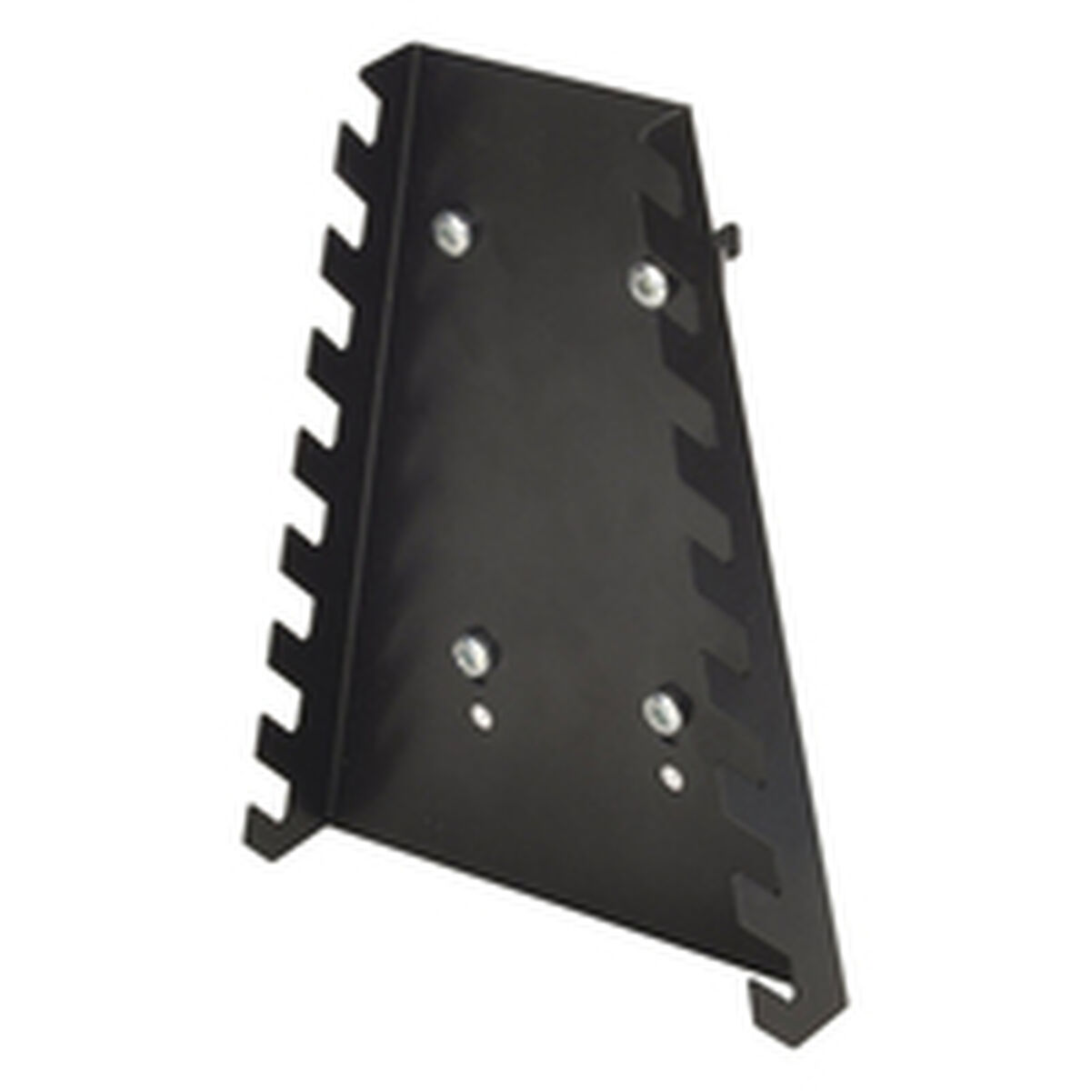 Un estante negro para llaves con varias ranuras para llaves. Está hecho de metal y tiene orificios de montaje.