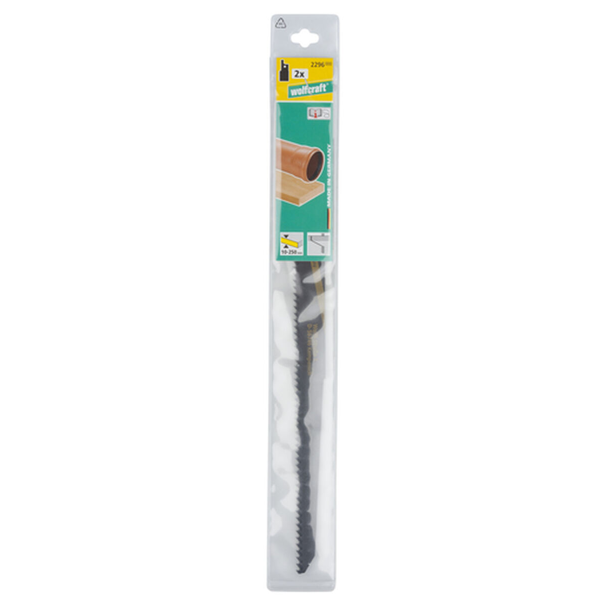 Hoja de sierra en embalaje, con instrucciones, para cortar madera y tuberías.
