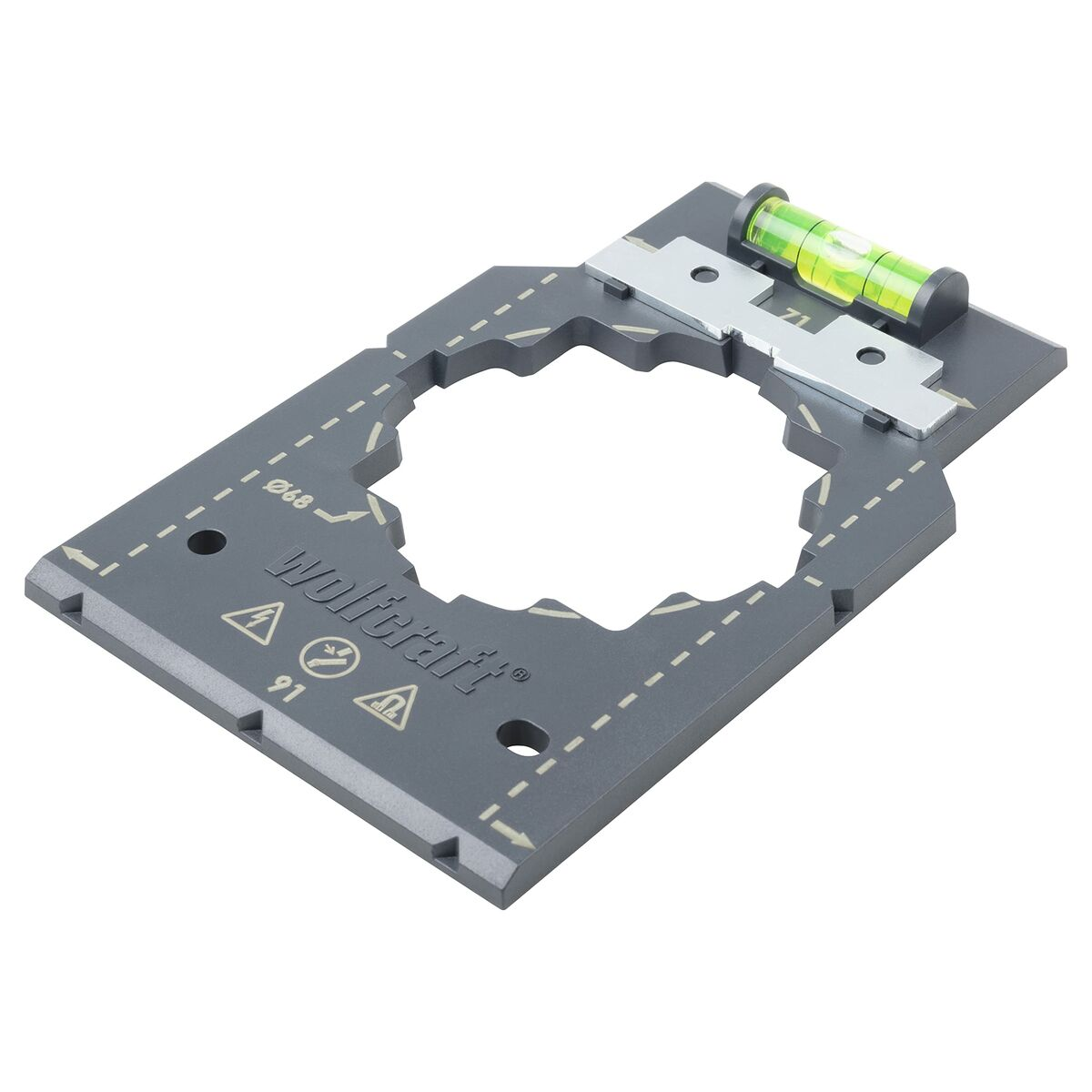 Una herramienta gris con un agujero, regla y nivel de burbuja para instalar enchufes.