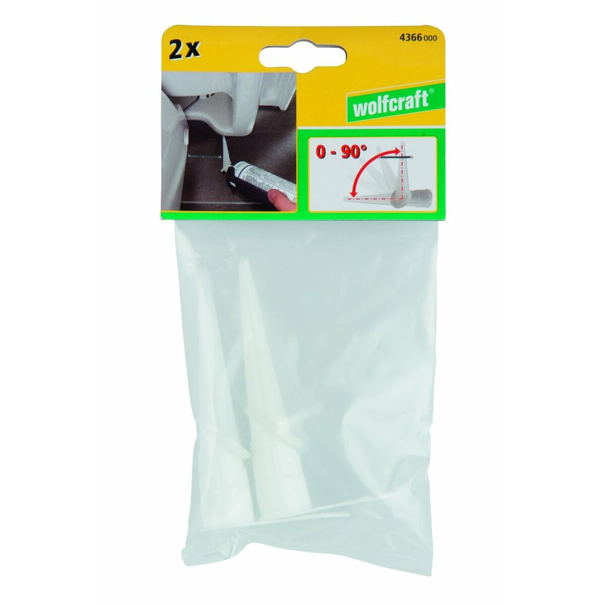 Embalaje de dos boquillas de calafateo blancas en una bolsa de plástico transparente.