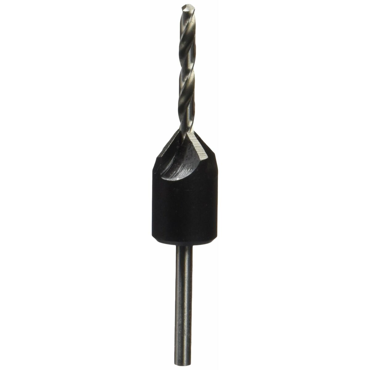 Broca con diseño en espiral, negro y plateado. Tiene una punta afilada.