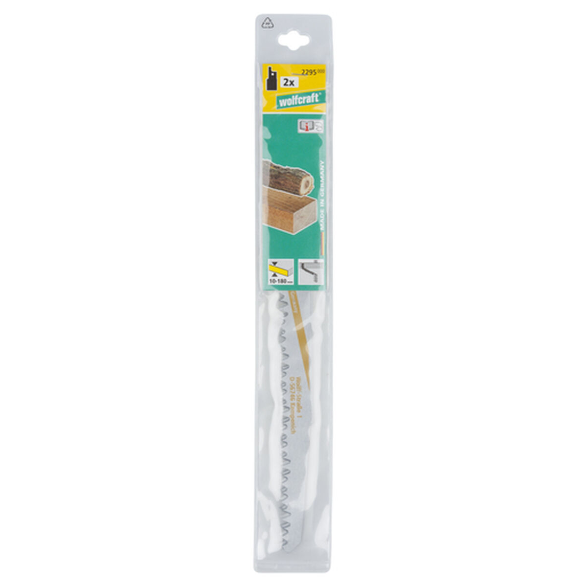 Hoja de sierra en un embalaje de plástico transparente con marca blanca y verde.