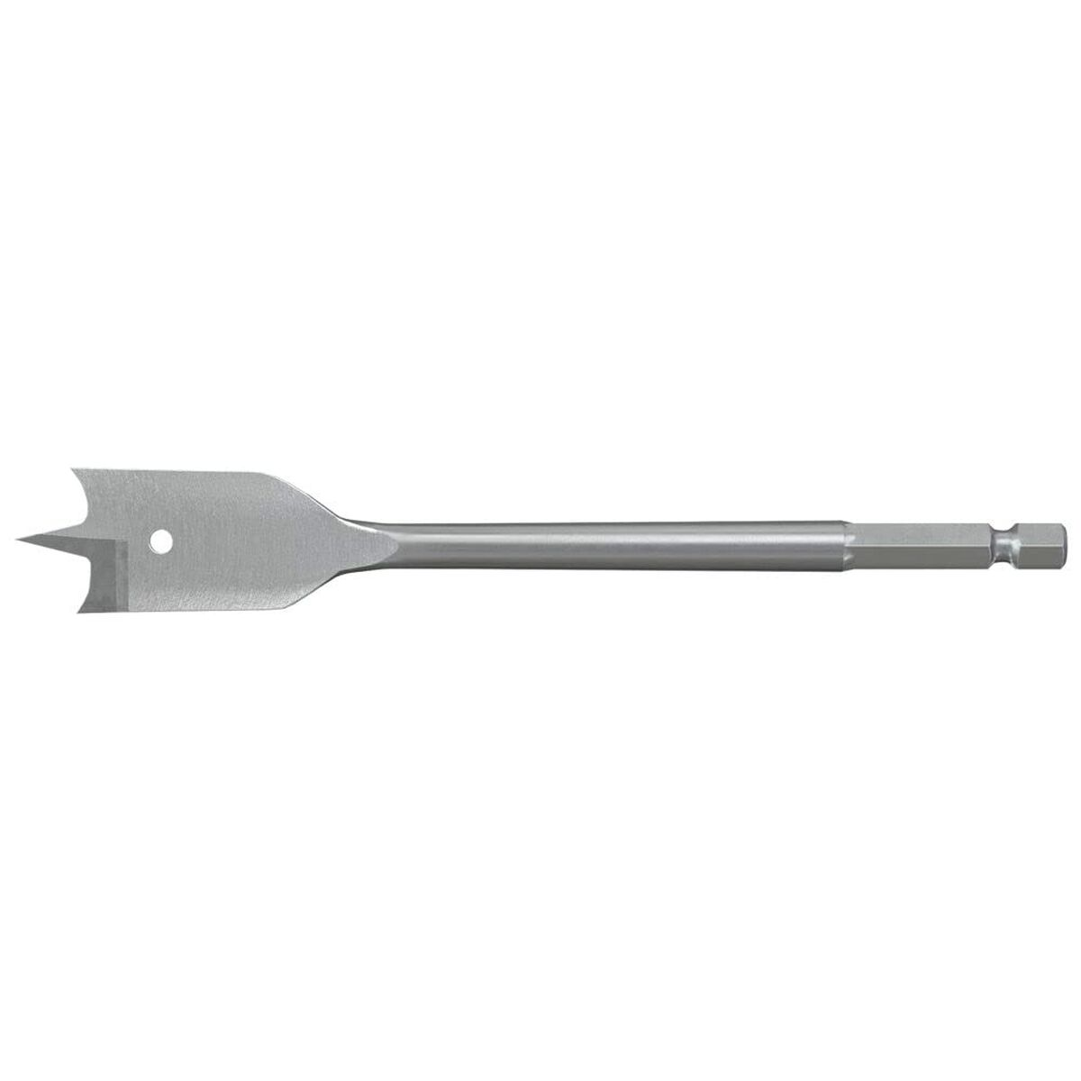 Una broca de pala plateada con vástago hexagonal.