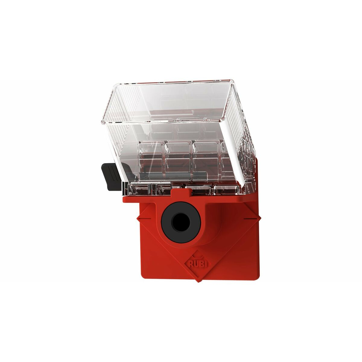 Herramienta para cortar baldosas de plástico rojo y transparente. Tiene un mango negro y un protector de plástico transparente.