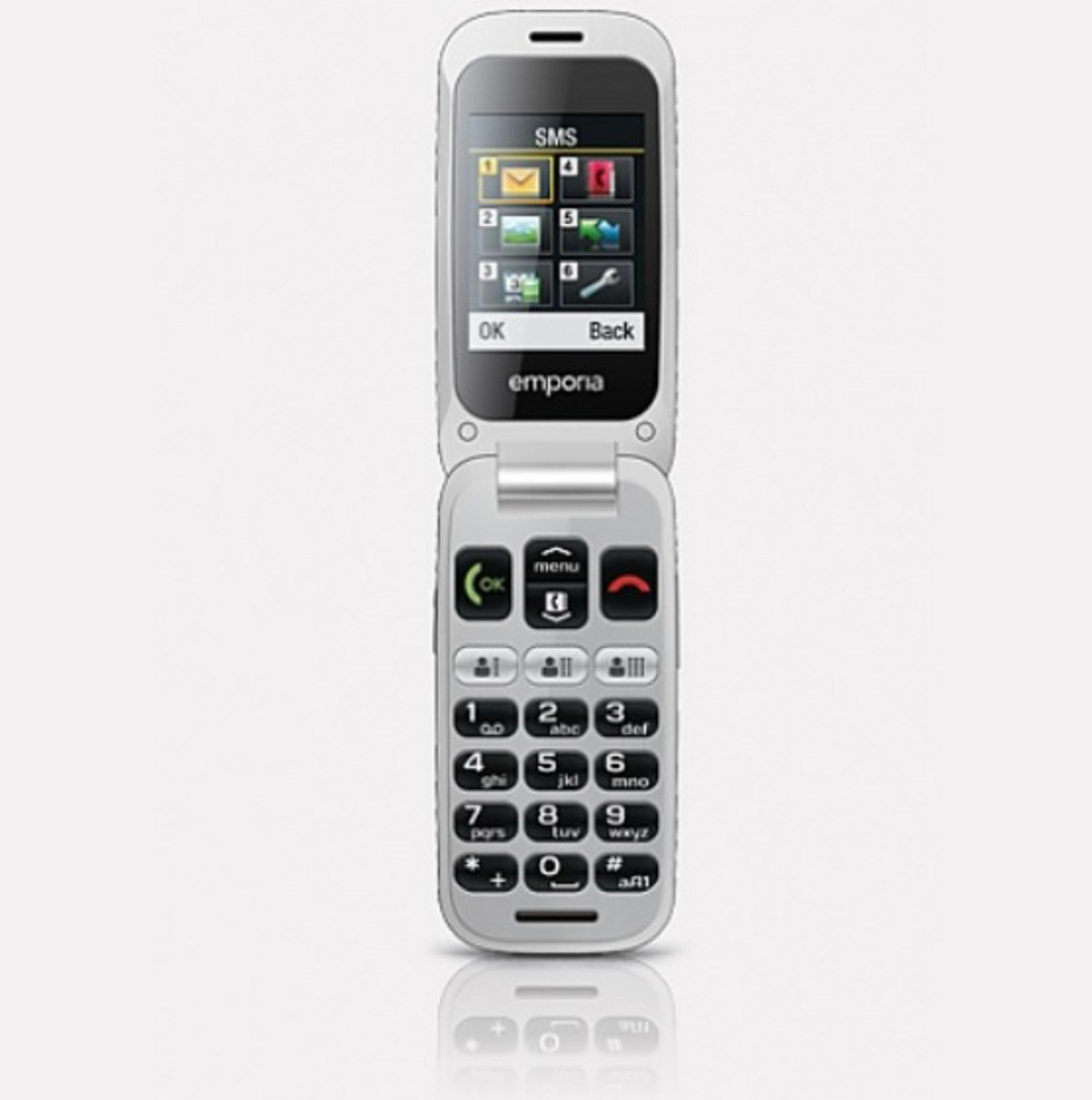 Klapphandy, silberfarben, mit Tastatur und Symbolen.