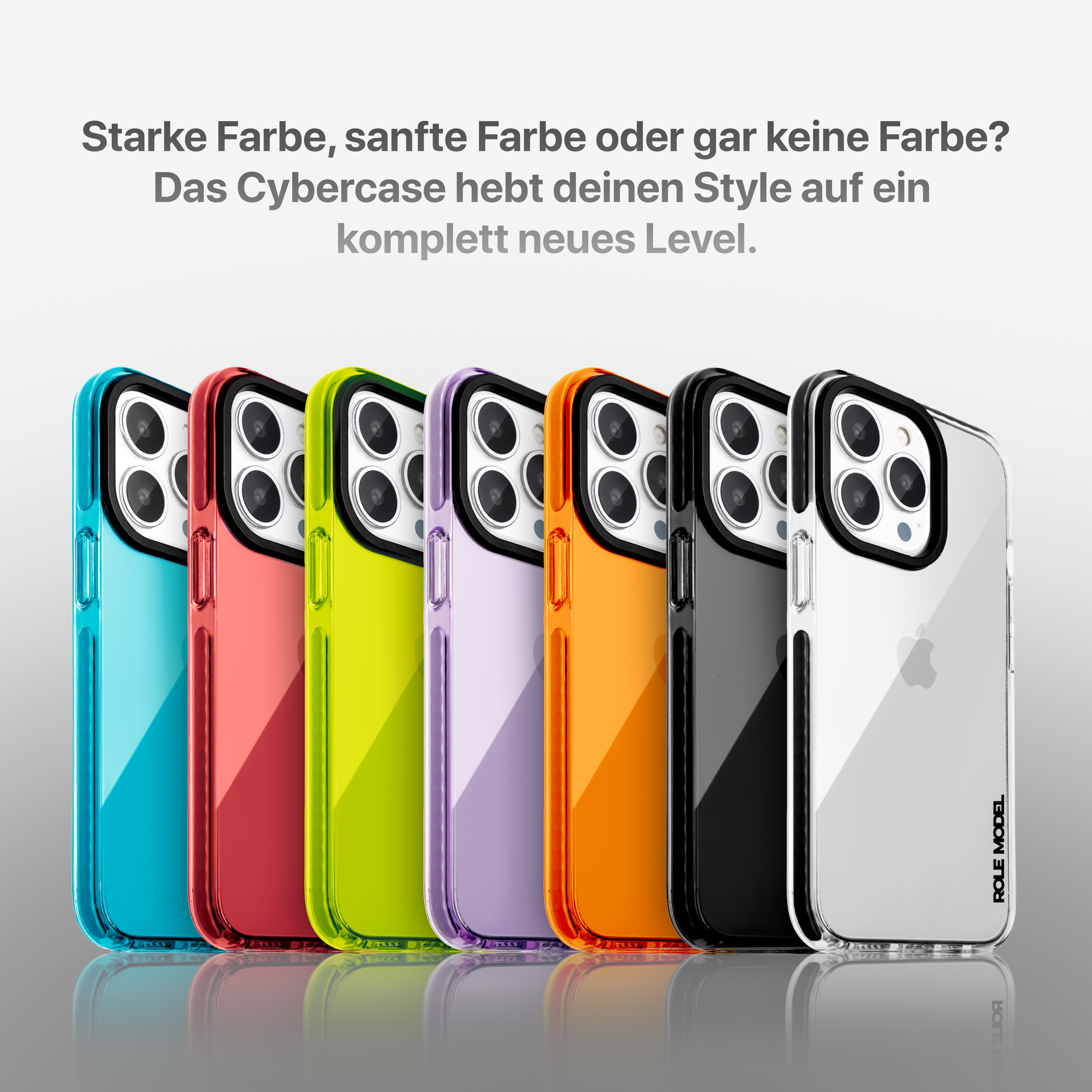 Mehrere bunte Handyhüllen, mit Text darüber in Deutsch.