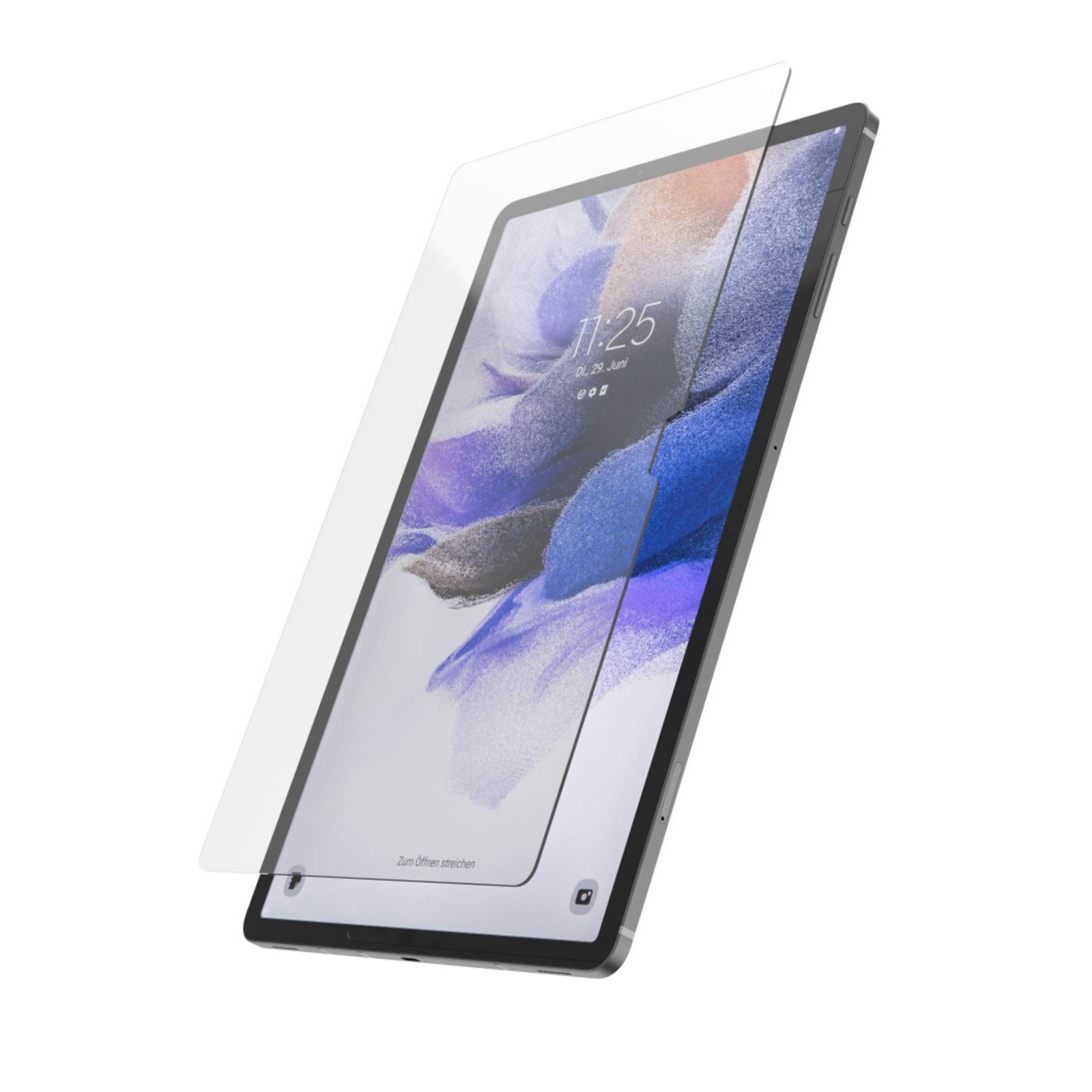 Tablet con una protezione per lo schermo in fase di applicazione, su sfondo bianco.