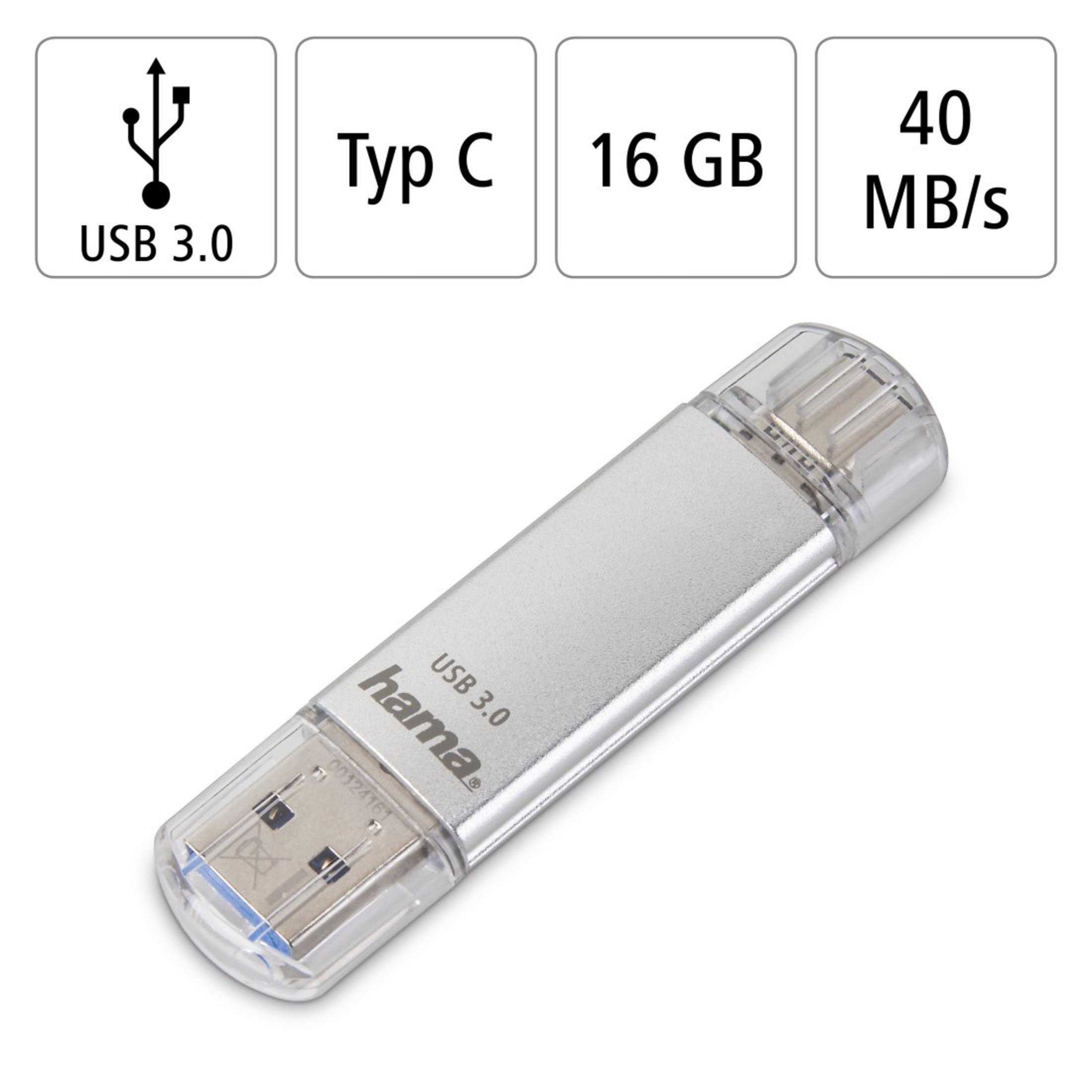 Srebrny pendrive z przezroczystą nasadką. Napisy: USB 3.0, Typ C, 16 GB i 40 MB/s.