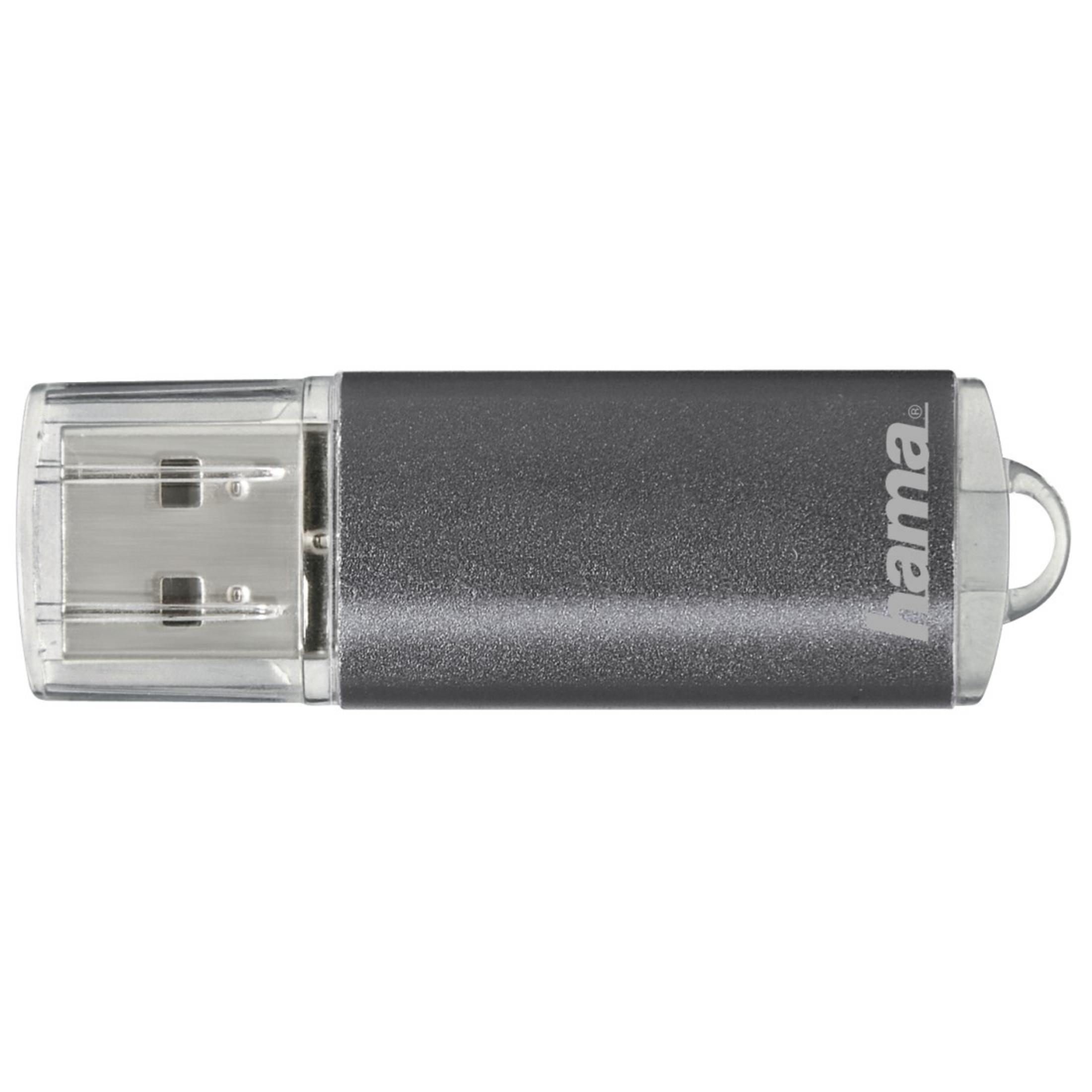 Metaliczna szara pamięć USB z przezroczystą nasadką, widok z góry, na białym tle.