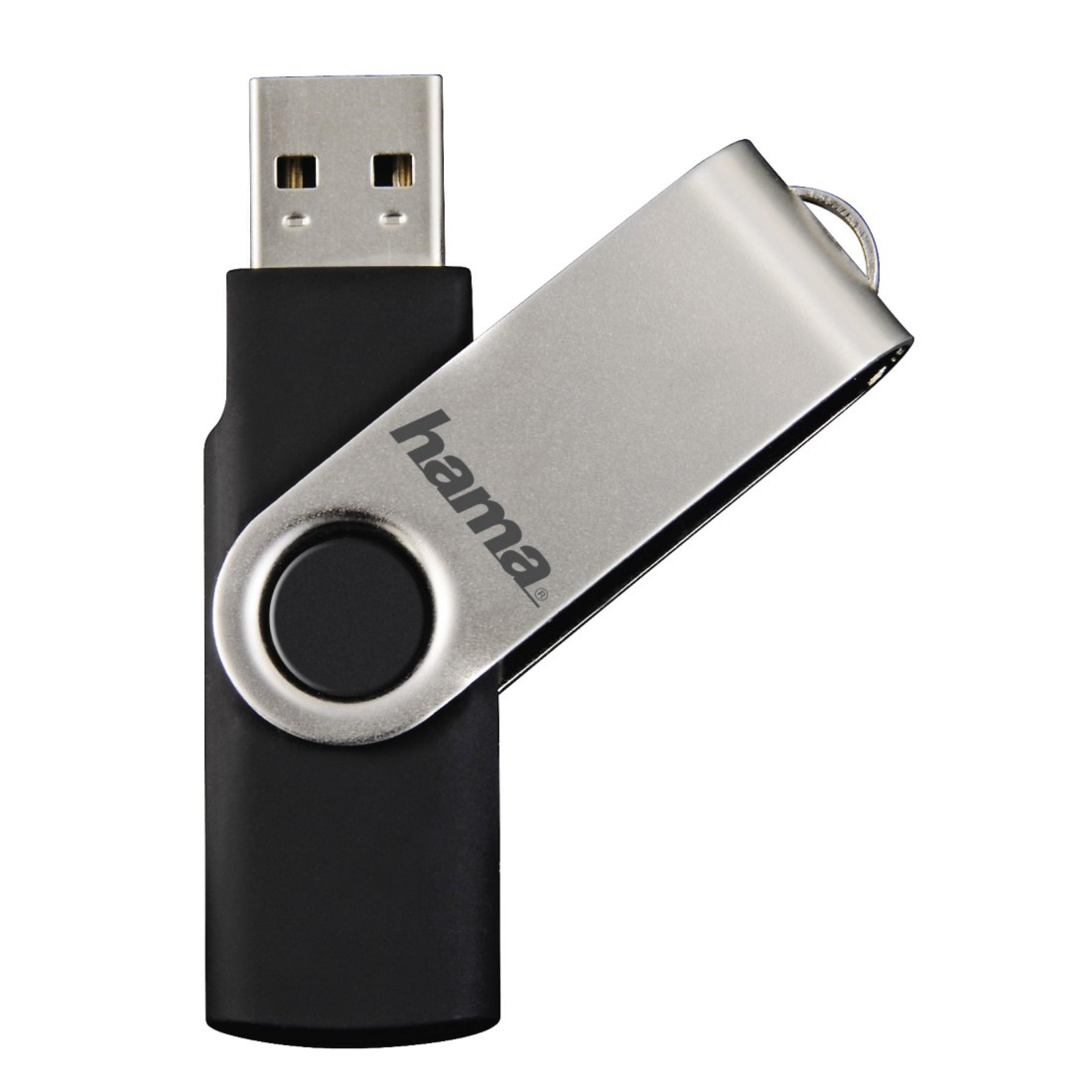 Czarny i srebrny pendrive USB z logo Hama, na białym tle.
