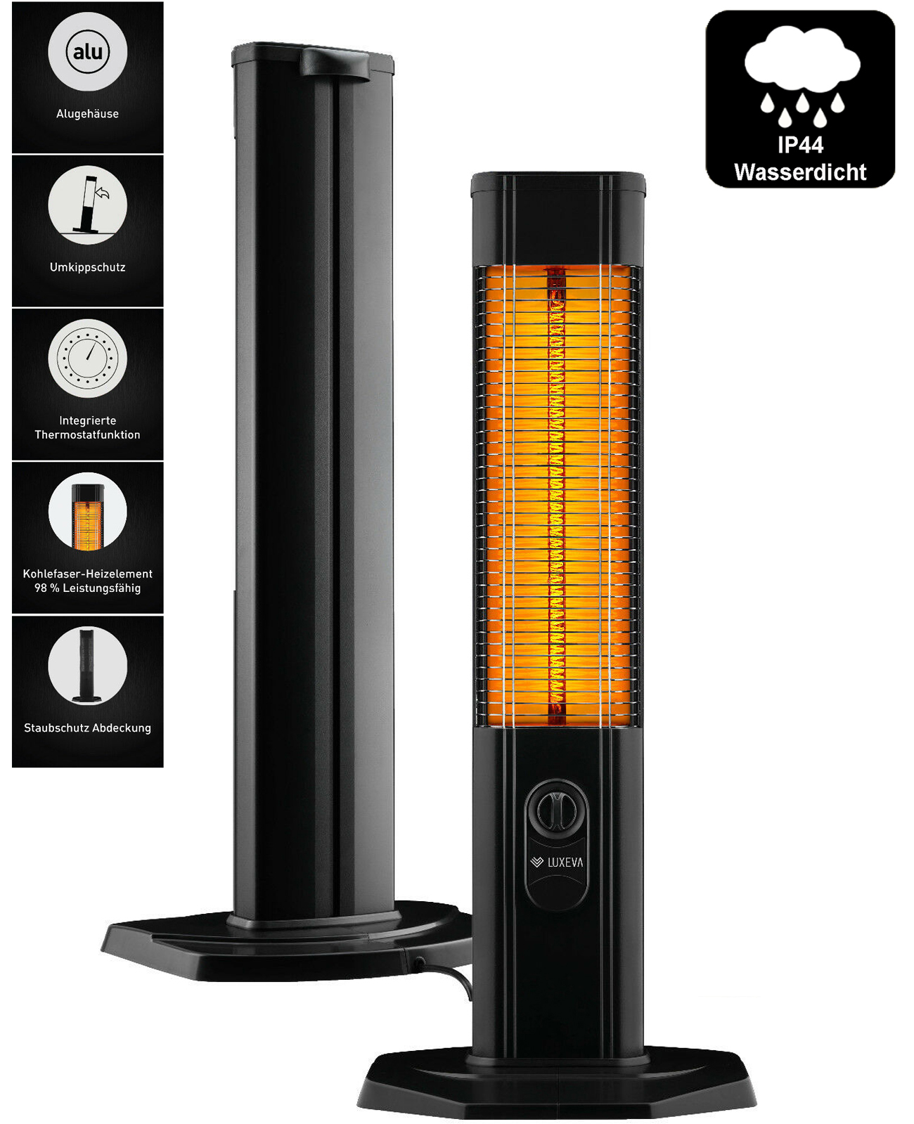 Schwarze Heizungen mit Symbolen, eine leuchtend, Infrarot-Heizelement zeigend.