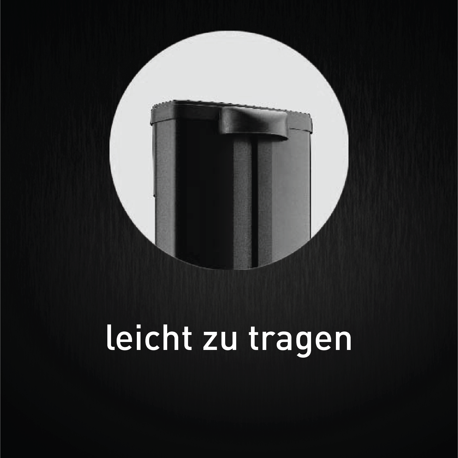 Ein schwarzer Lautsprecher in einem weißen Kreis, darunter der Text "leicht zu tragen".