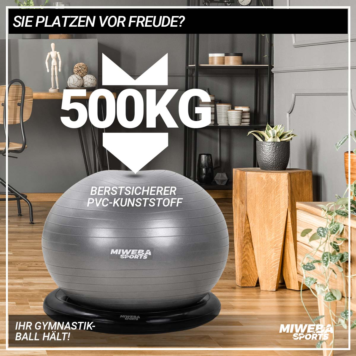 Ein Gymnastikball auf einer Basis mit Text, eine springende Person, und Text mit 500KG.