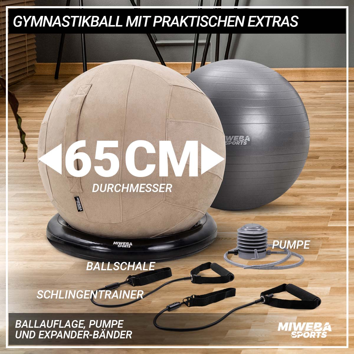 Zwei Gymnastikbälle, eine Pumpe und Trainingsbänder. Ein Ball beige, der andere grau.