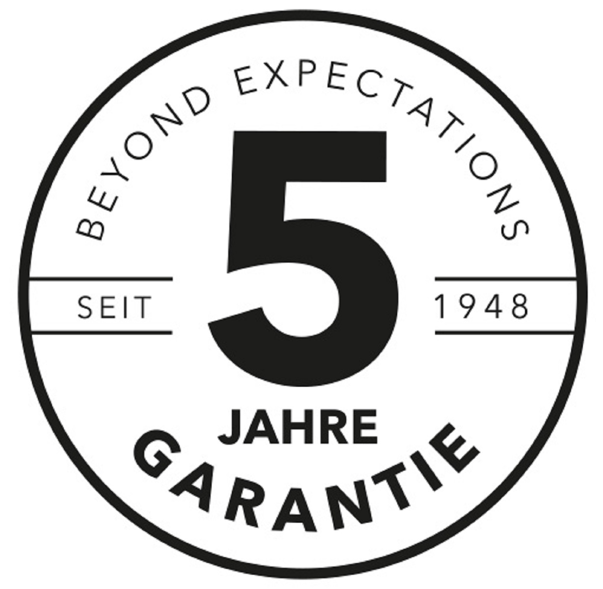 Ein weißer Kreis mit Text: Beyond Expectations, 5 Jahre Garantie und Seit 1948.