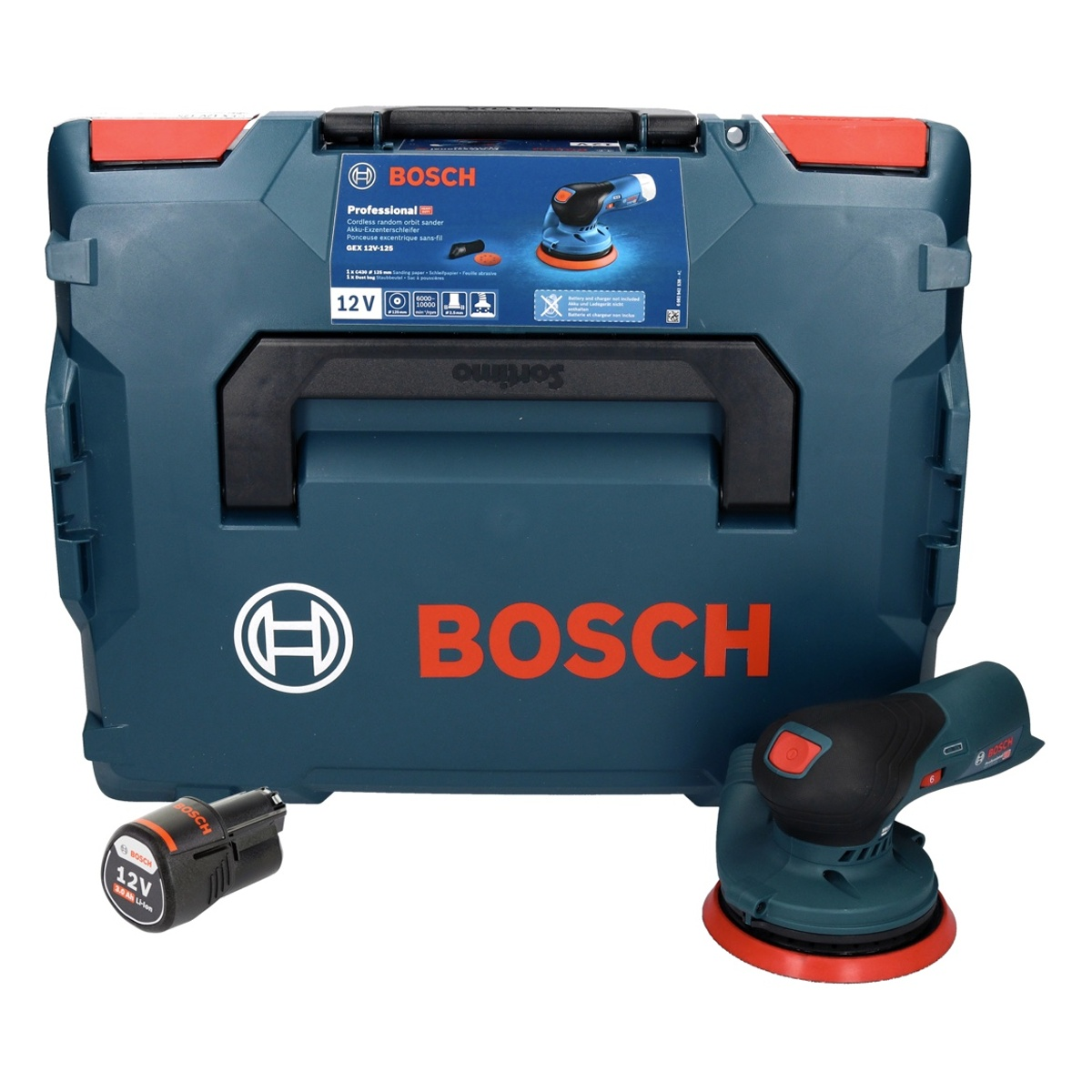 Ein Bosch Elektrowerkzeug-Set in einem blauen Koffer, mit einem schwarzen und roten Schleifer und einem Akku.