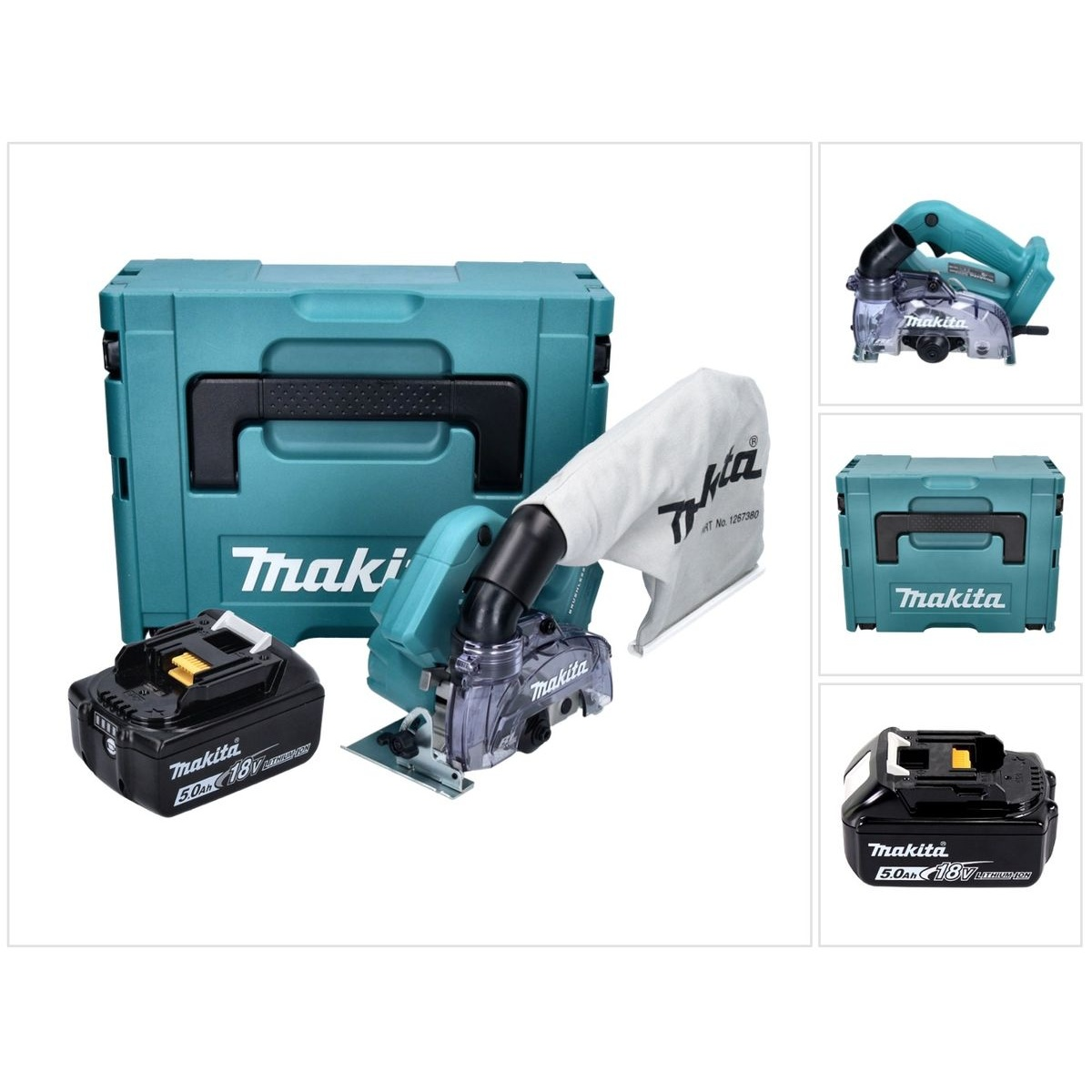 Ein Makita Elektrowerkzeug-Set. Türkisfarbener Koffer, Werkzeuge und Zubehör sichtbar. Inklusive Akkus, Ladegerät und Hobel.