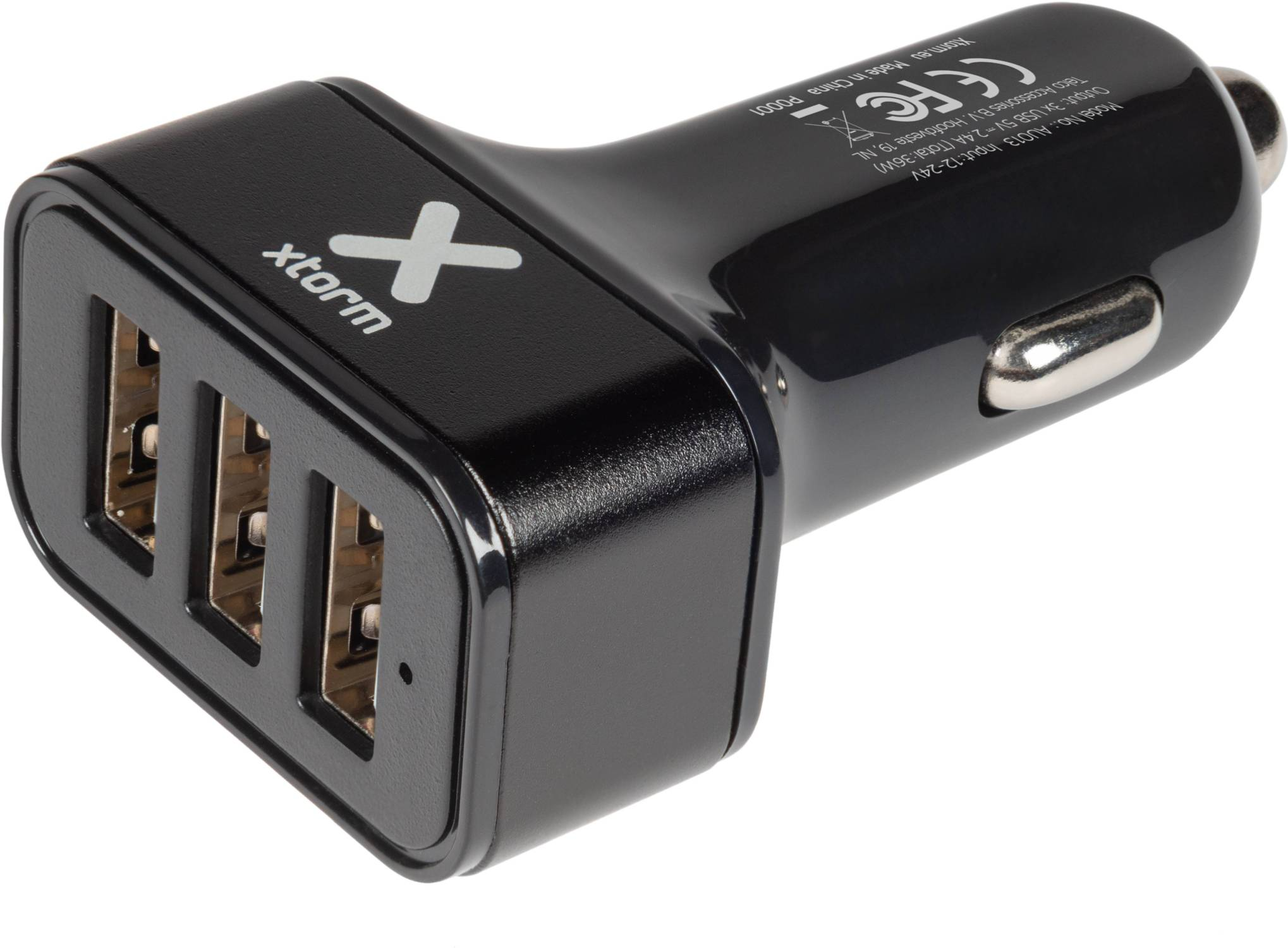Schwarzes Autoladegerät mit 3 USB-Anschlüssen und einem weißen Kreuzlogo.