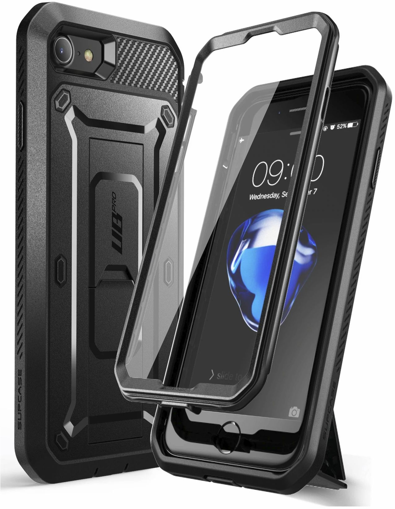 Custodia per telefono nera con frontale trasparente rimovibile. Un telefono è all'interno. Custodia robusta con supporto.