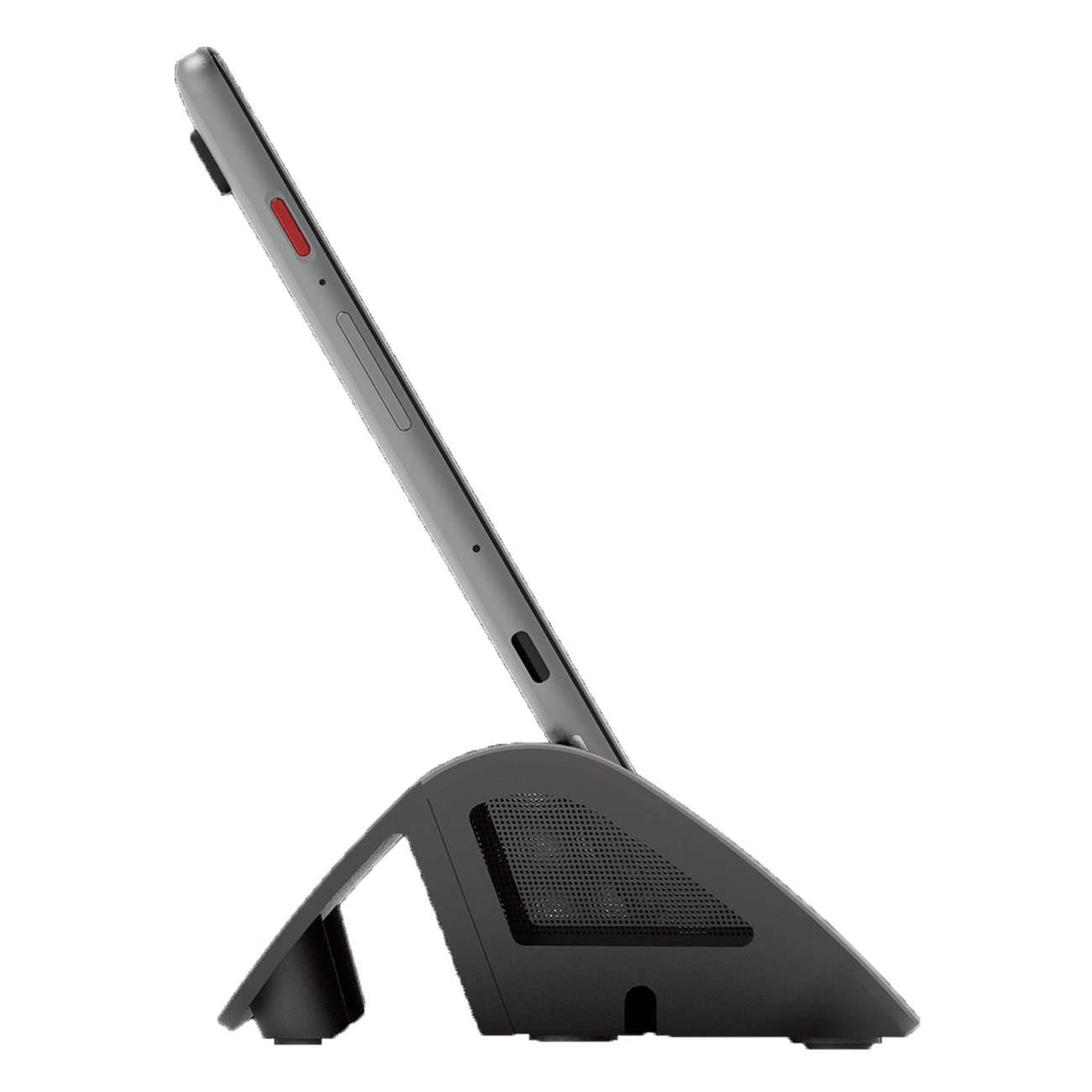 Ein silbernes Tablet auf einem schwarzen Ständer, abgewinkelt. Roter Knopf oben.