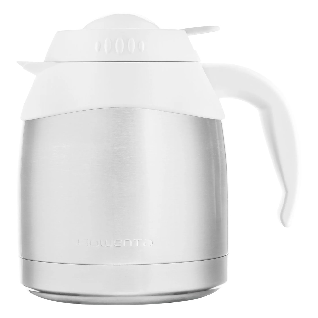 Biały i srebrny izolowany termos z uchwytem, na białym tle.