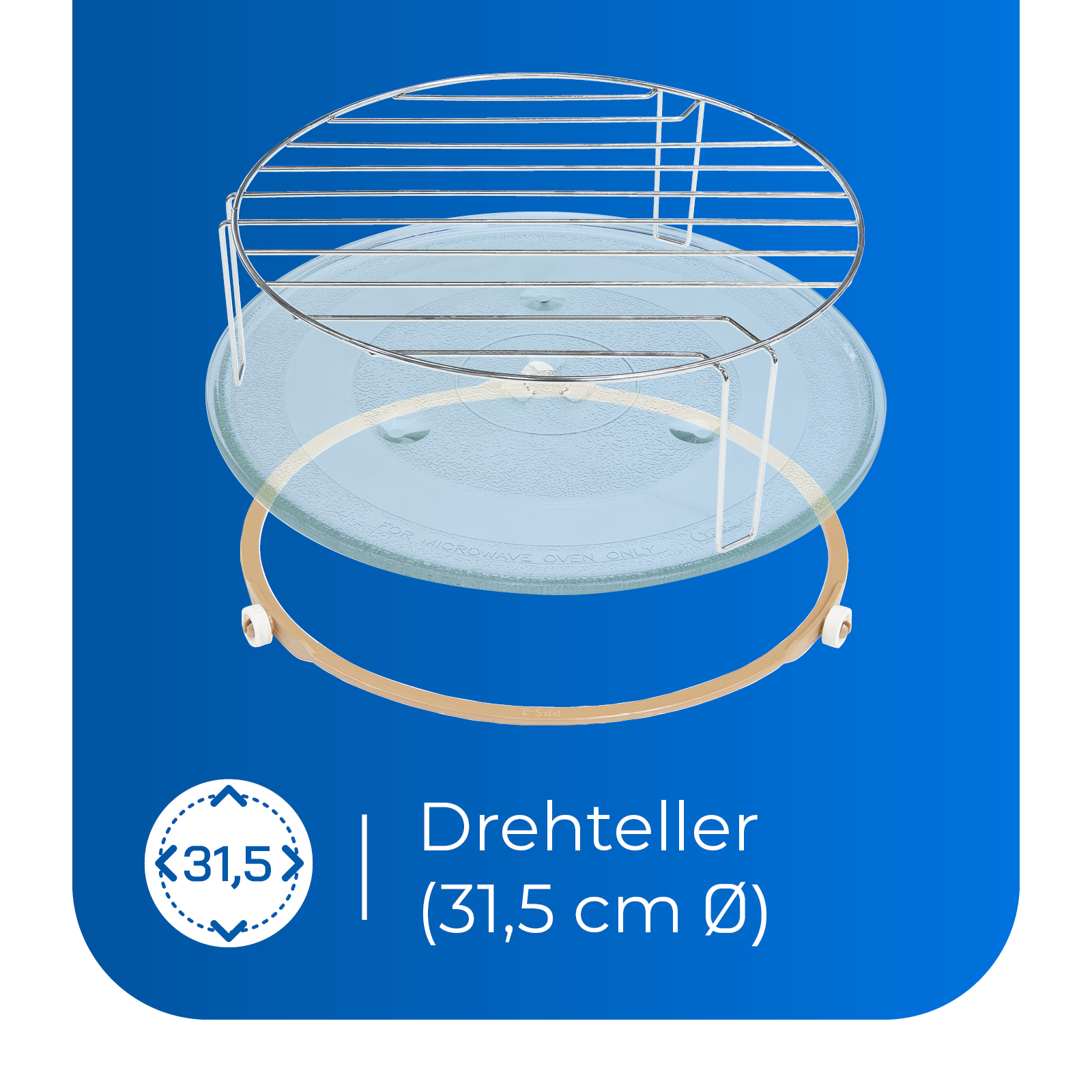Mikrowellen-Drehteller-Set, Glasplatte, Metallgestell und hellbrauner Ring.