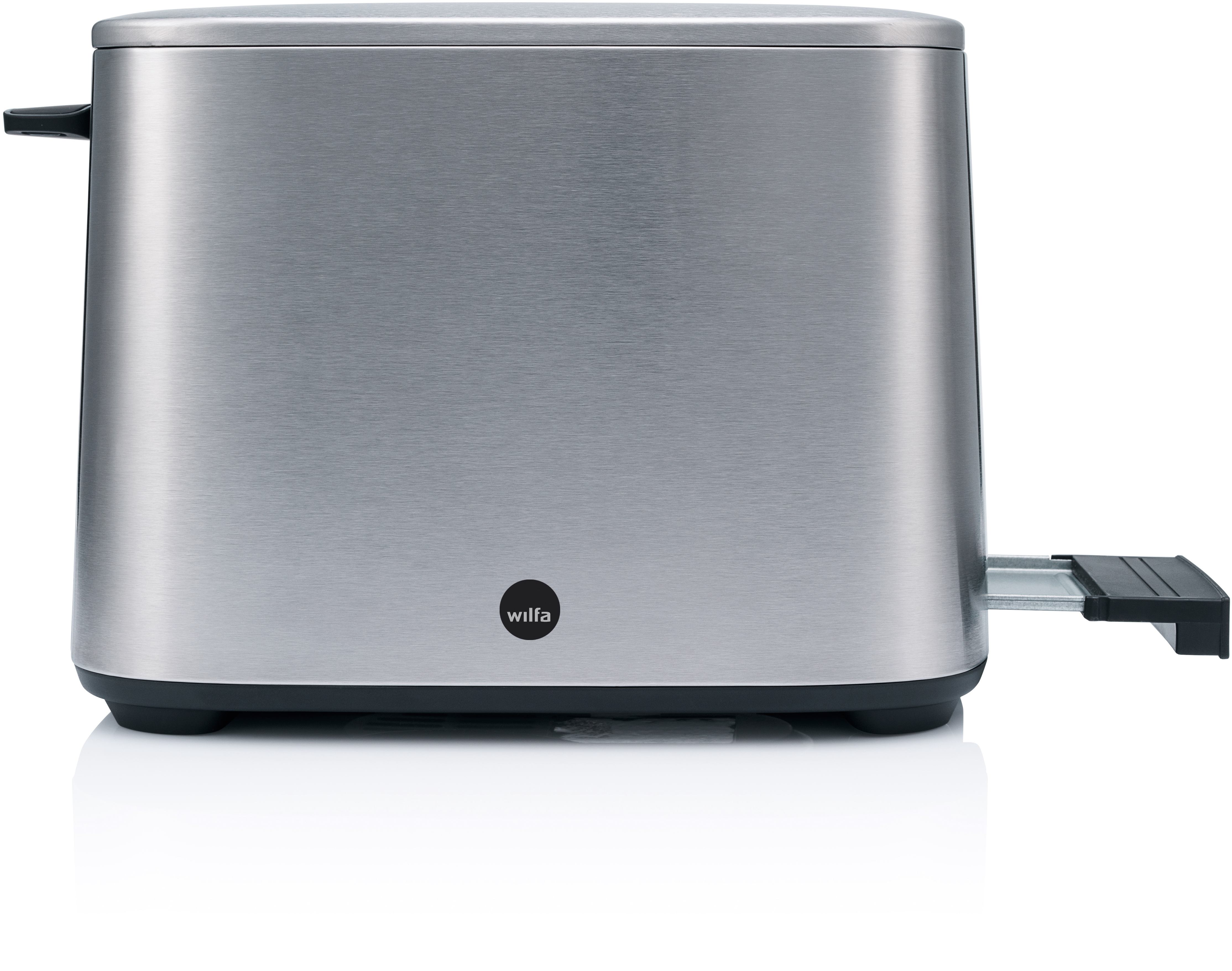 Toaster aus Edelstahl mit schwarzem Sockel und Hebel sowie Logo.