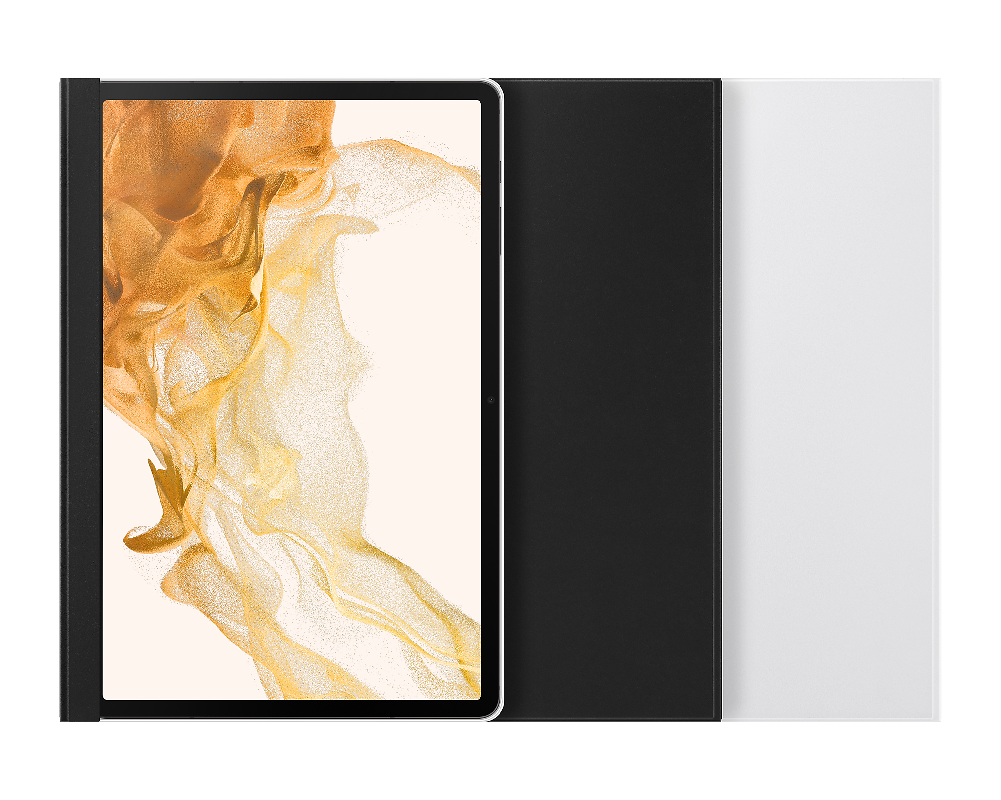 Tablet mit goldenem, abstraktem Kunstwerk, schwarzer Hülle und weißer Hülle rechts. Isoliert auf Weiß.