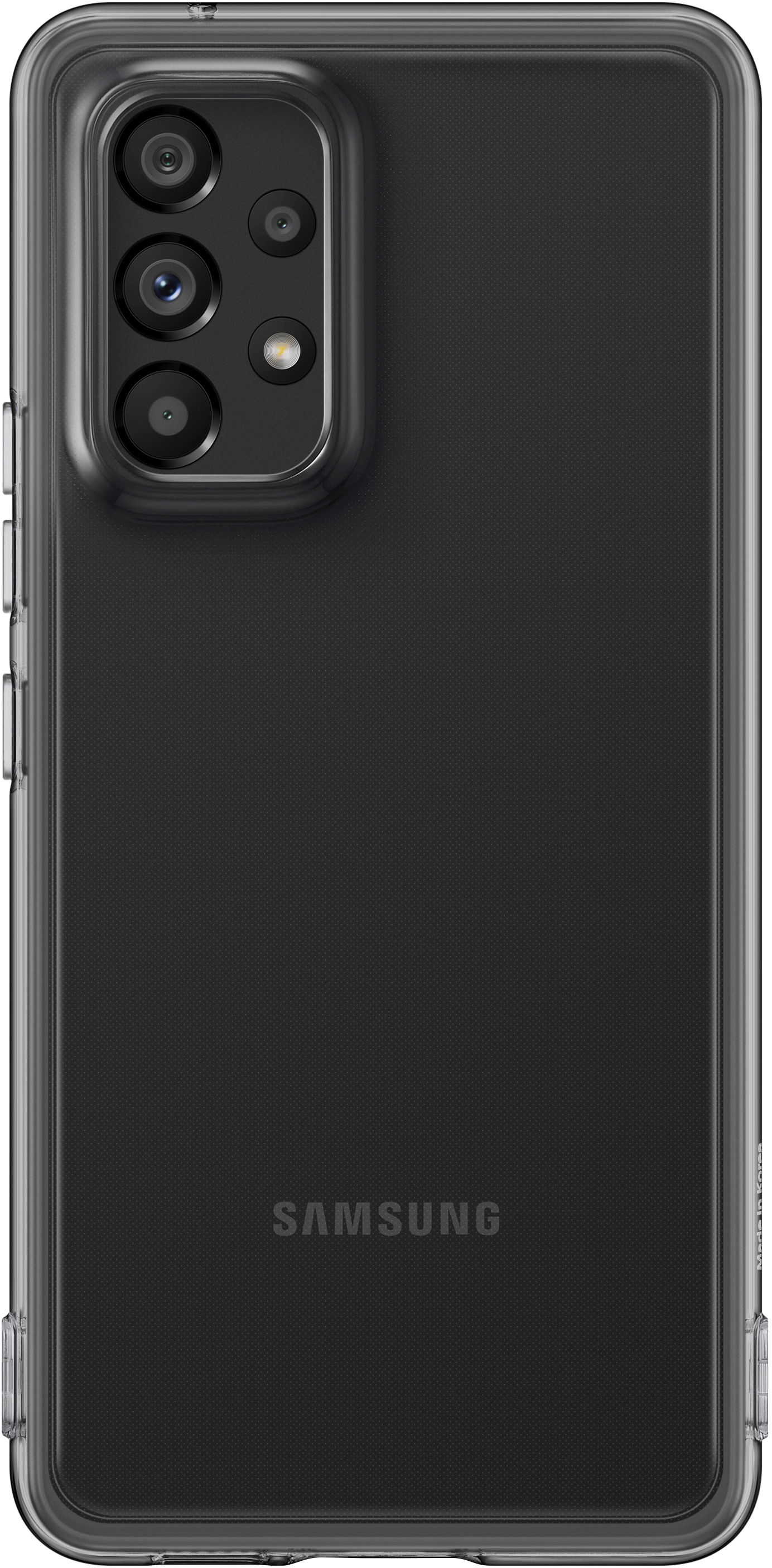 Custodia trasparente su telefono nero. Vista posteriore. Logo Samsung visibile.