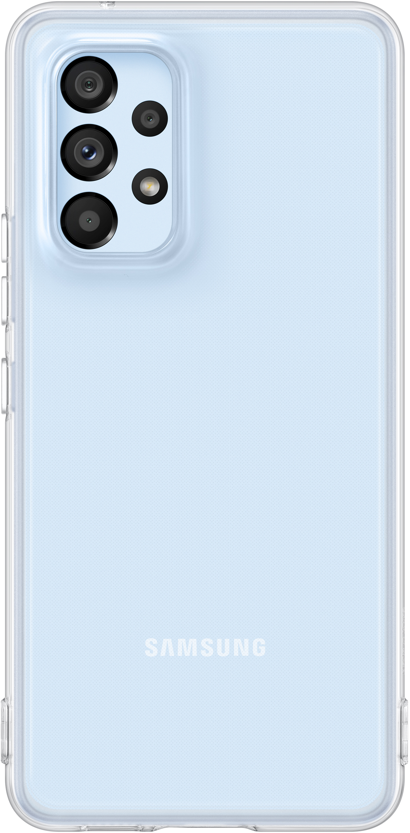 Light blue smartphone with a clear case, triple-lens camera, and the SAMSUNG logo.