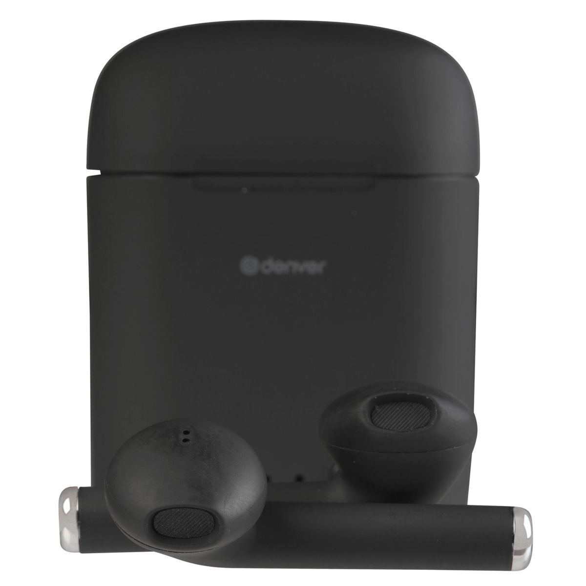 Auricolari wireless neri con custodia di ricarica. La custodia ha il logo 'denver'.