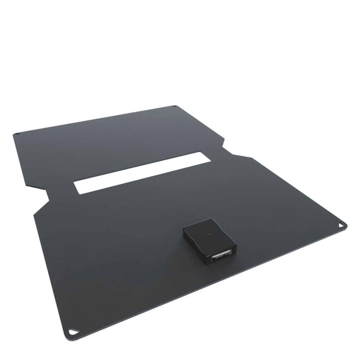 Alfombrilla rectangular negra con un pequeño dispositivo negro adjunto, sobre fondo blanco.