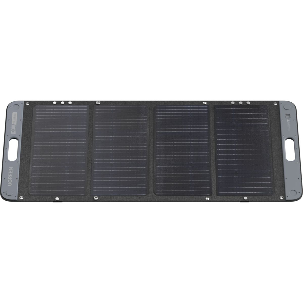 Un pannello solare UGREEN nero e grigio, piegato. È su uno sfondo bianco.