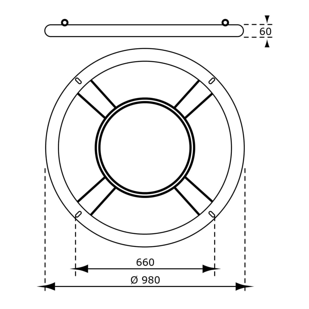 Diagramm eines runden Objekts mit Abmessungen, einschließlich Durchmesser und Breite.