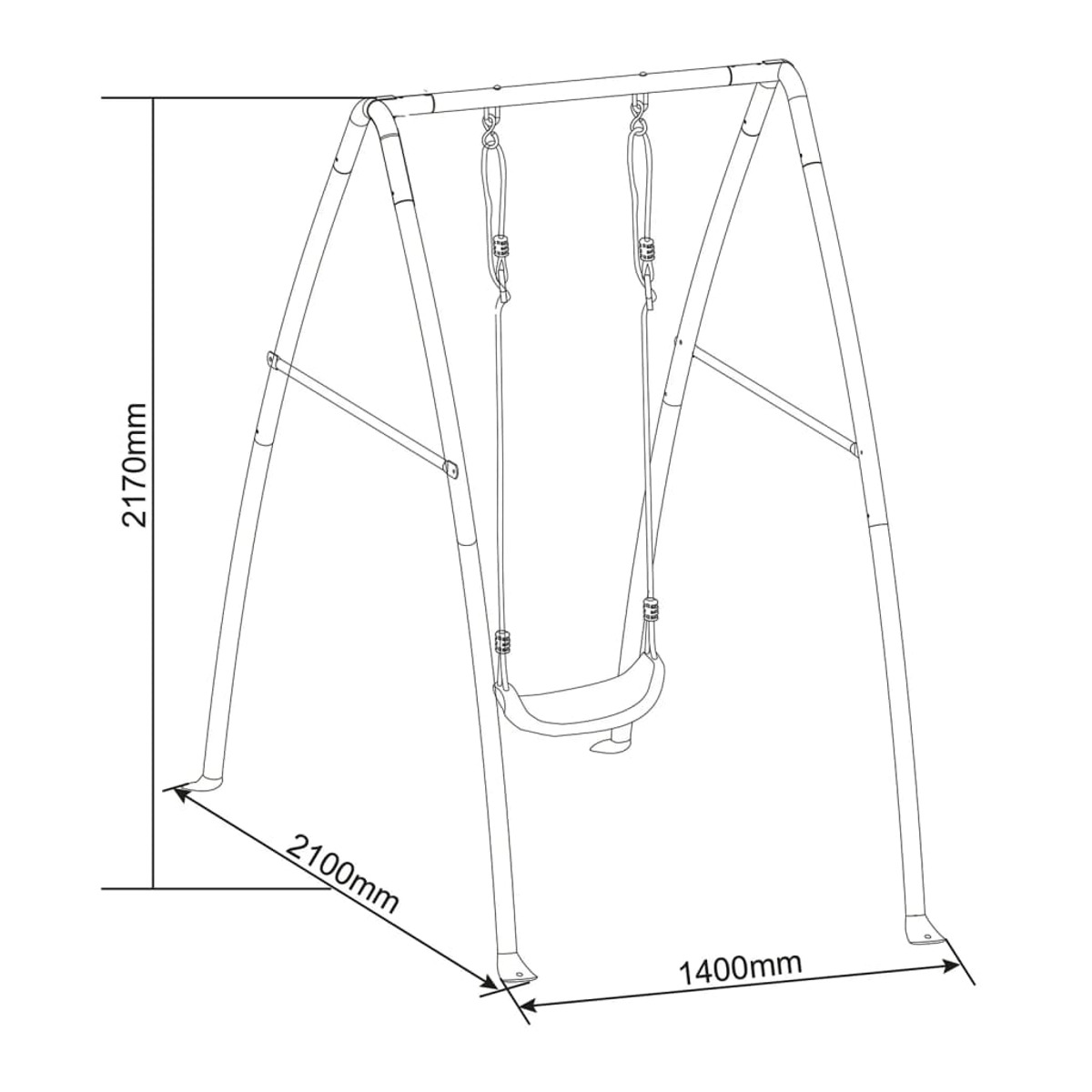 Schaukelgerüst Umriss mit Abmessungen: Höhe 2170mm, Breite 2100mm, Basis 1400mm.
