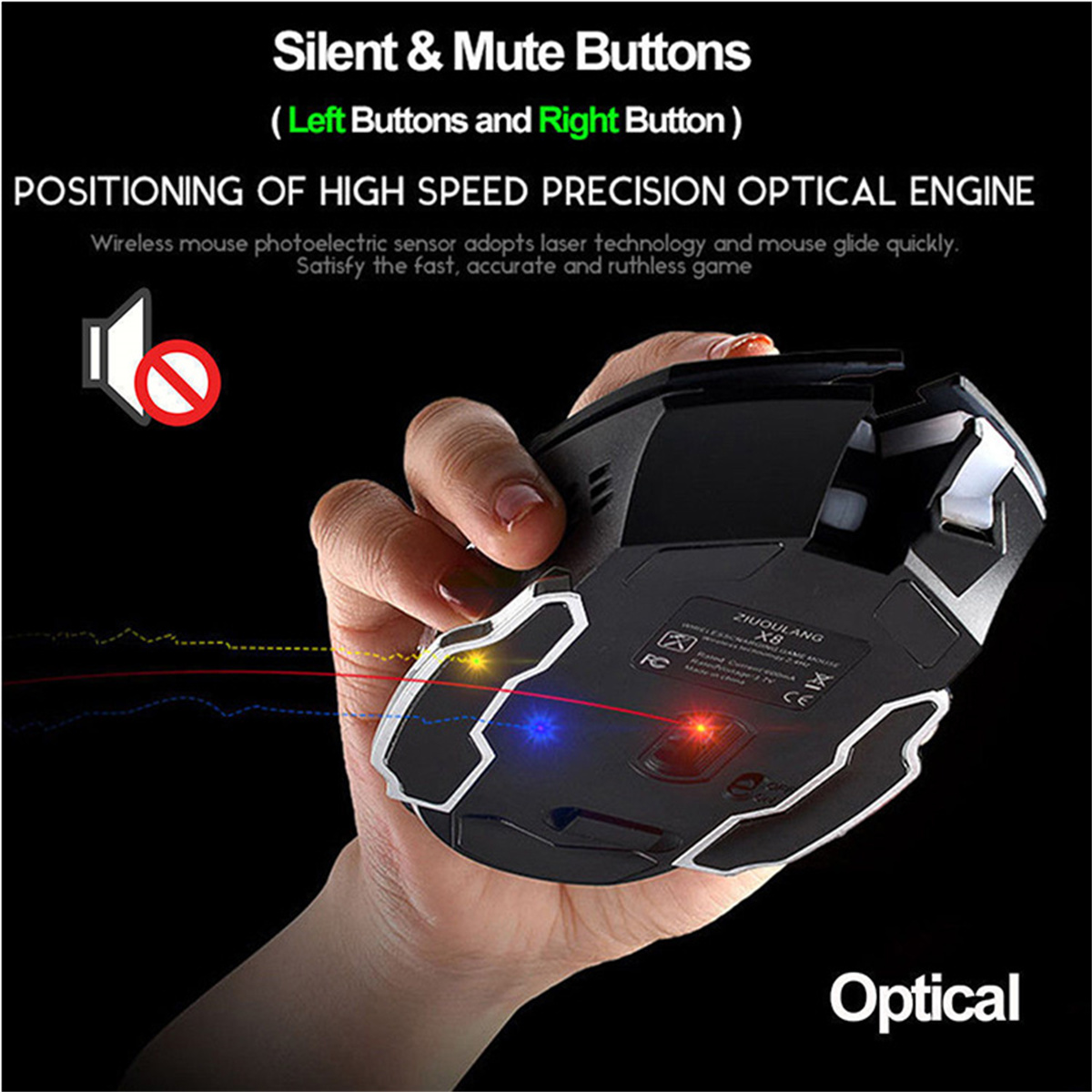 Schwarze Gaming-Maus. Hand hält die Maus. Text: Silent & Mute Buttons, Positionierung des optischen Motors.